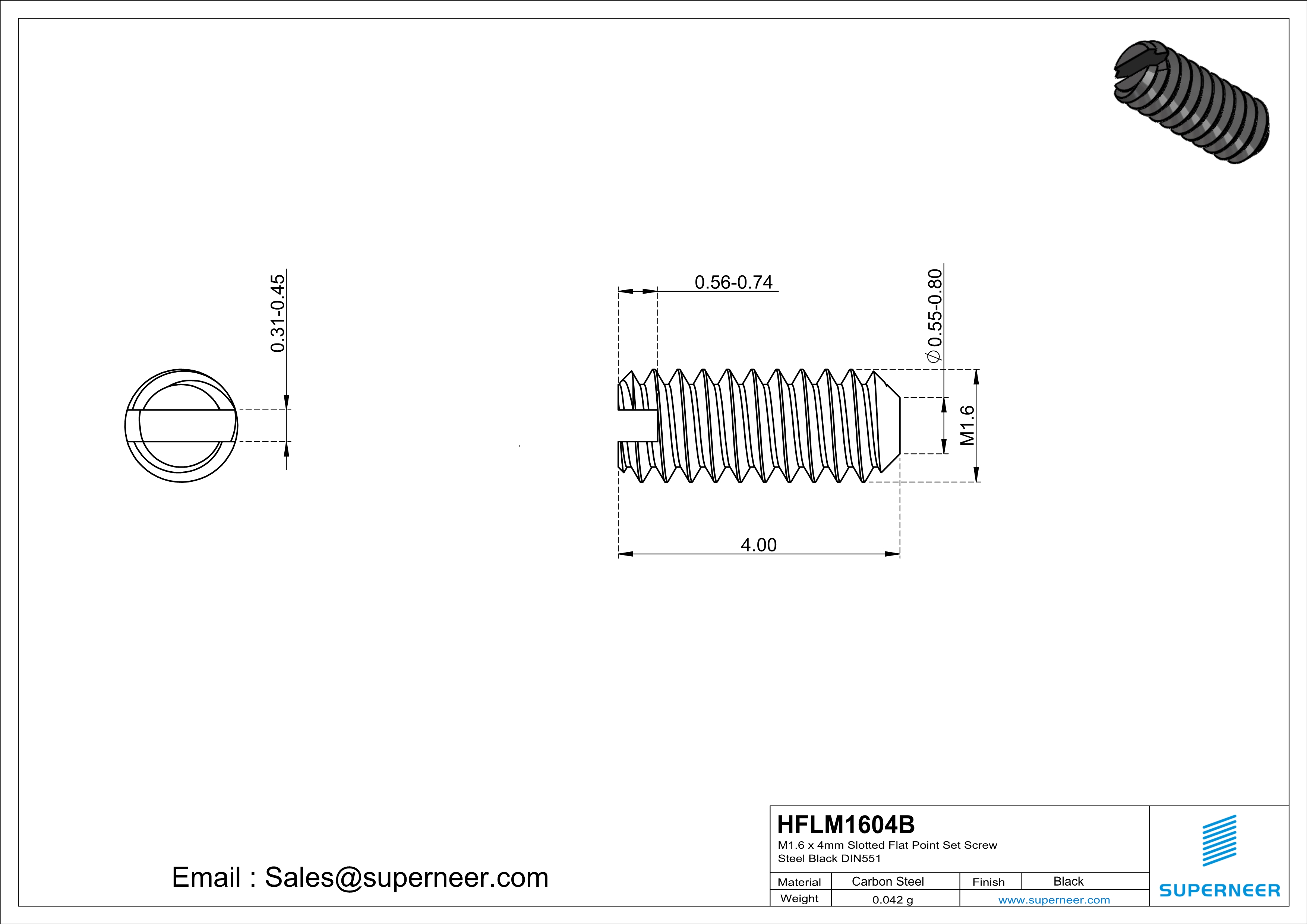 M1.6 x 4mm Slotted Flat Point Set Screw Steel Black 