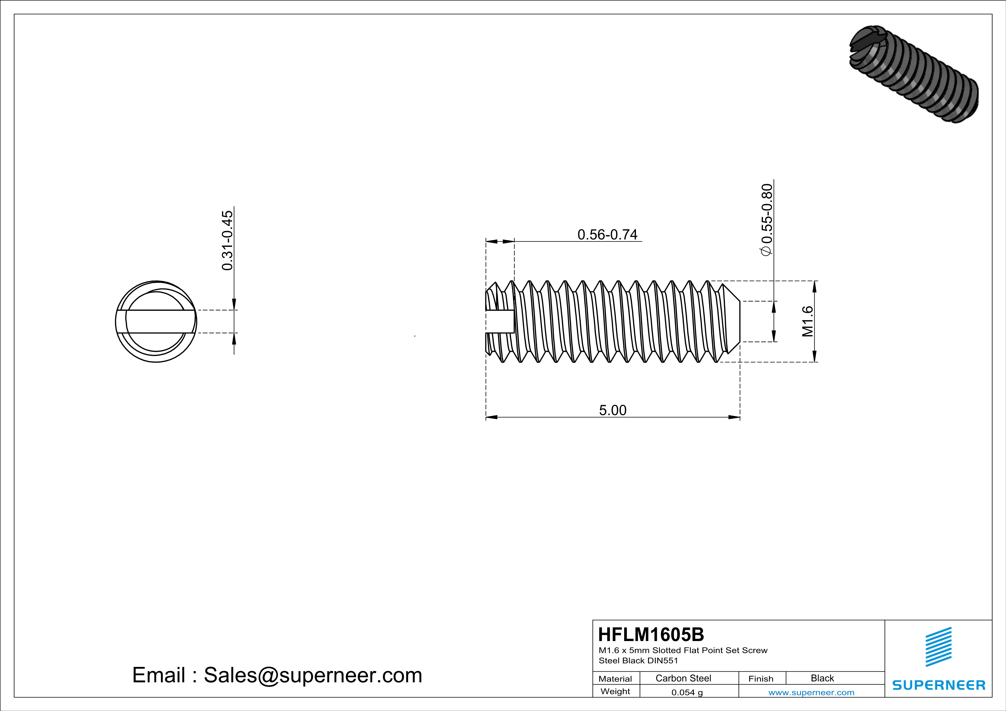M1.6 x 5mm Slotted Flat Point Set Screw Steel Black 