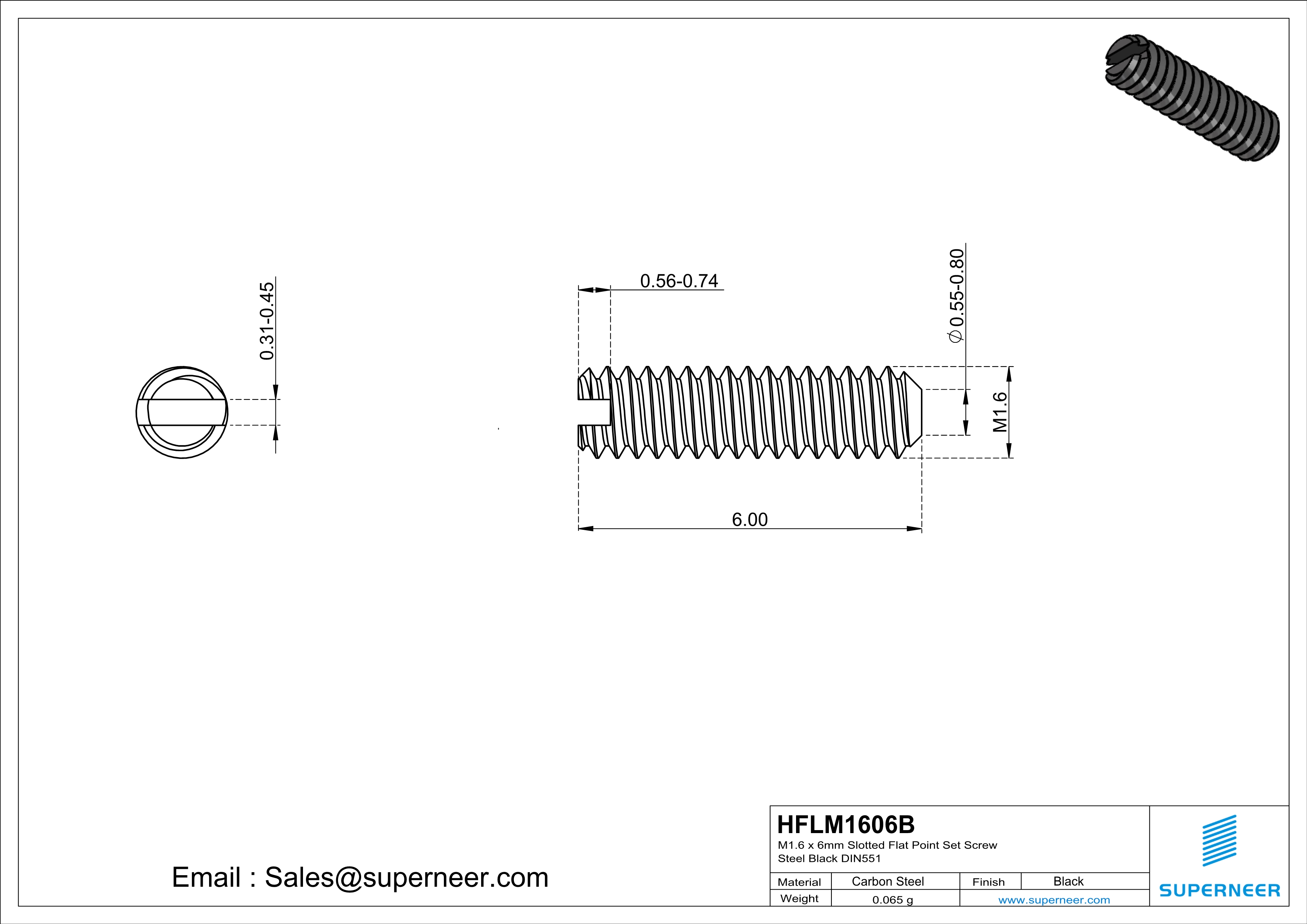 M1.6 x 6mm Slotted Flat Point Set Screw Steel Black 