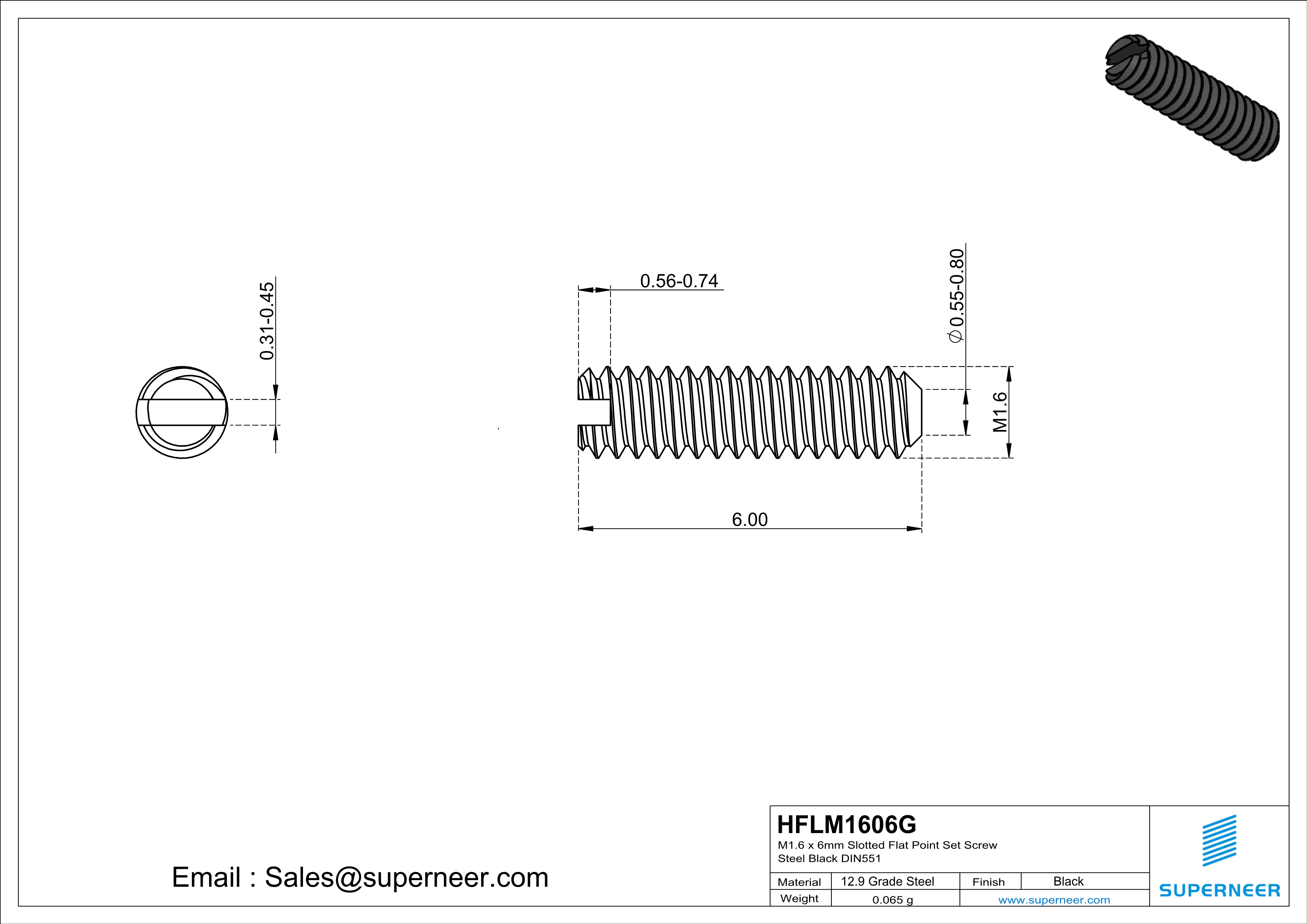 M1.6 x 6mm Slotted Flat Point Set Screw 12.9 Carbon Steel Black 