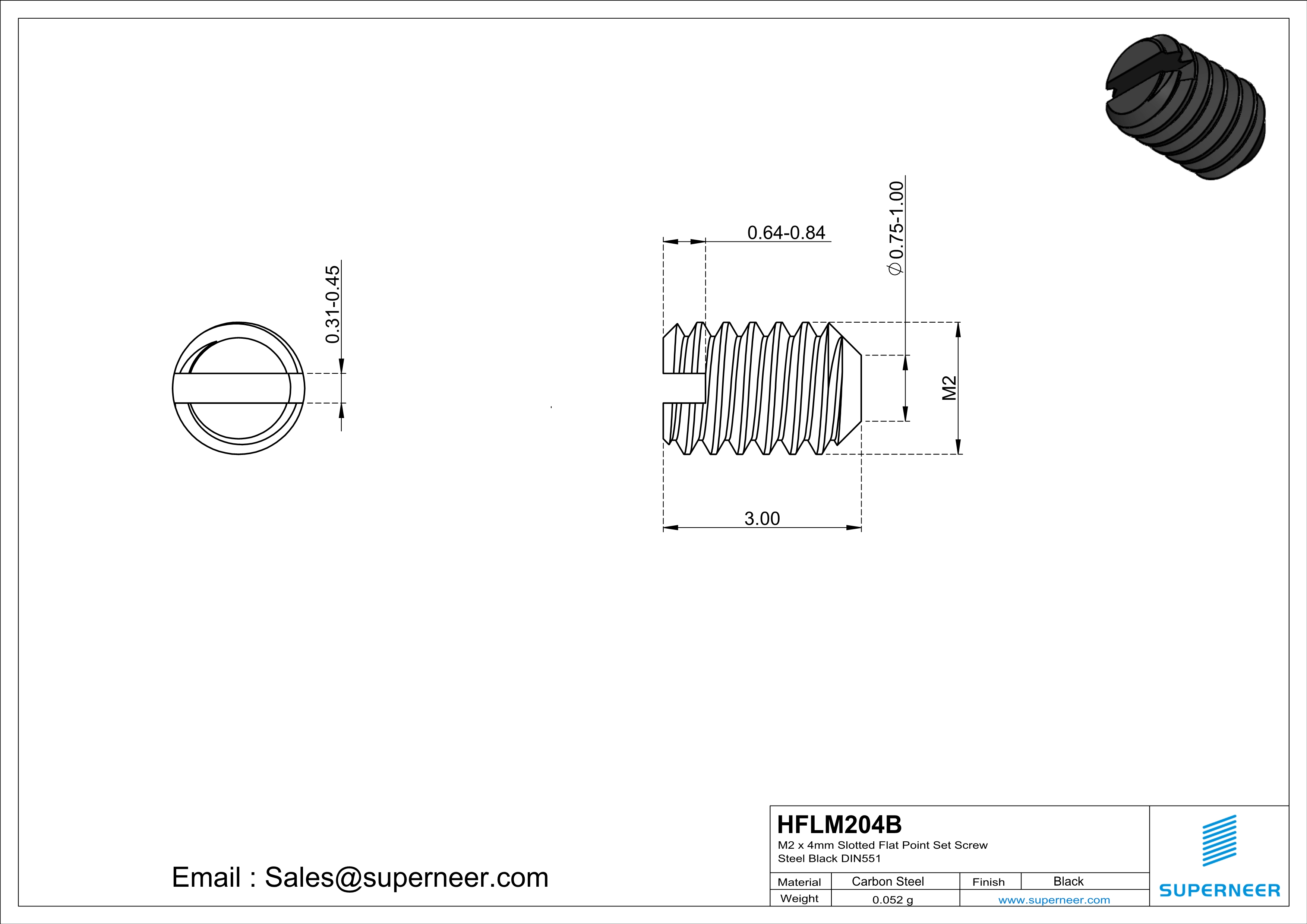 M2 x 4mm Slotted Flat Point Set Screw Steel Black 
