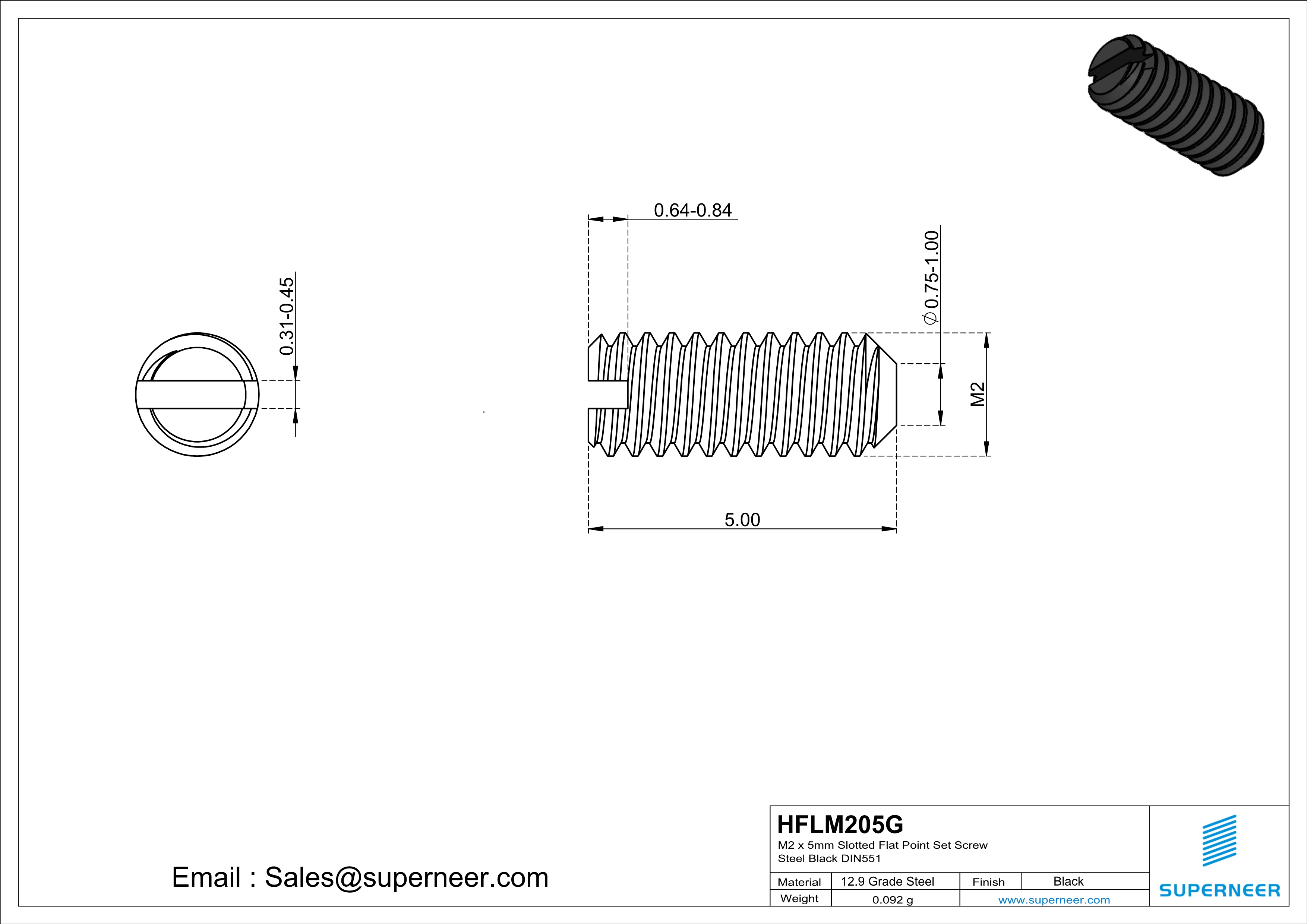 M2 x 5mm Slotted Flat Point Set Screw 12.9 Carbon Steel Black 