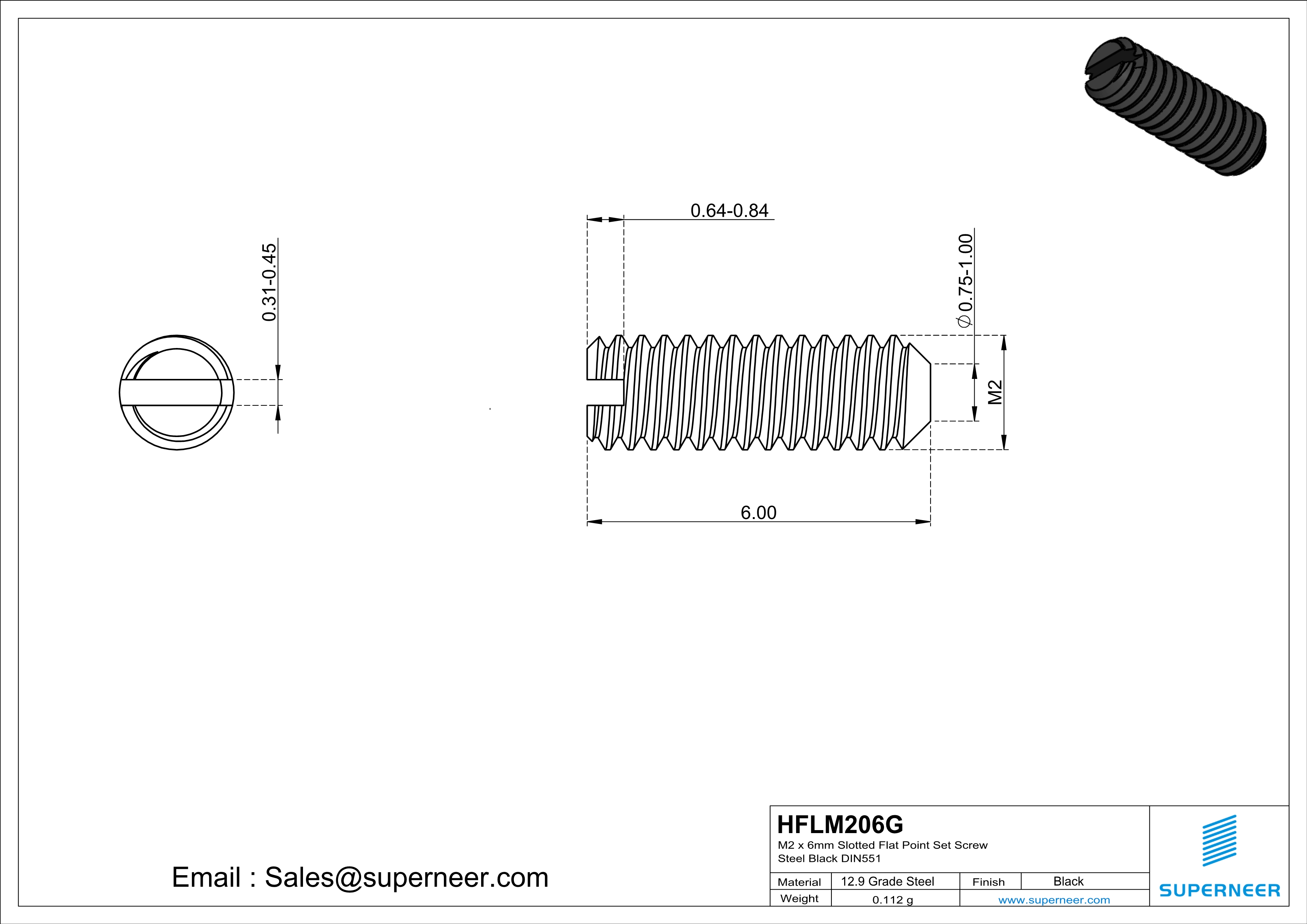 M2 x 6mm Slotted Flat Point Set Screw 12.9 Carbon Steel Black 