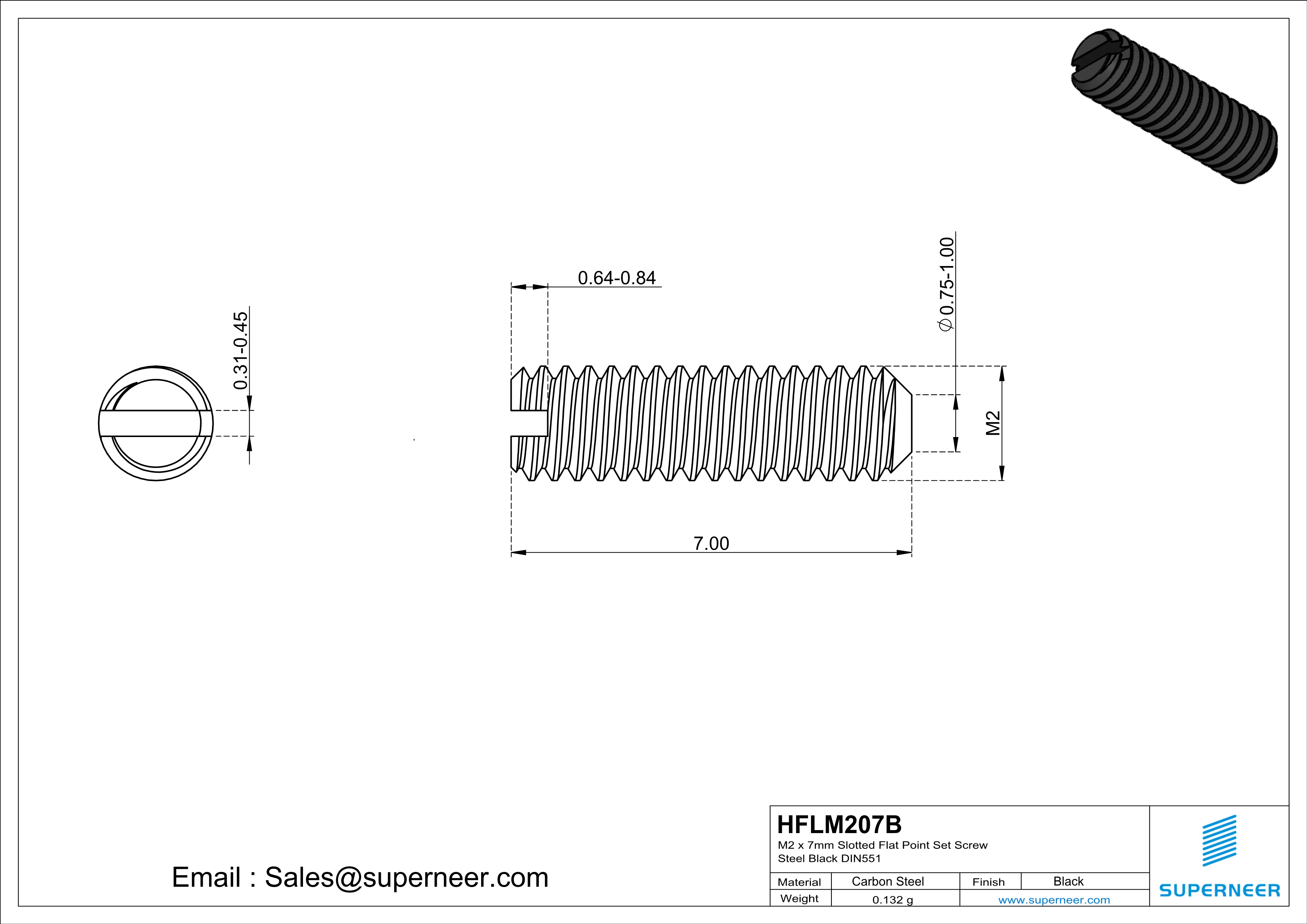 M2 x 7mm Slotted Flat Point Set Screw Steel Black 