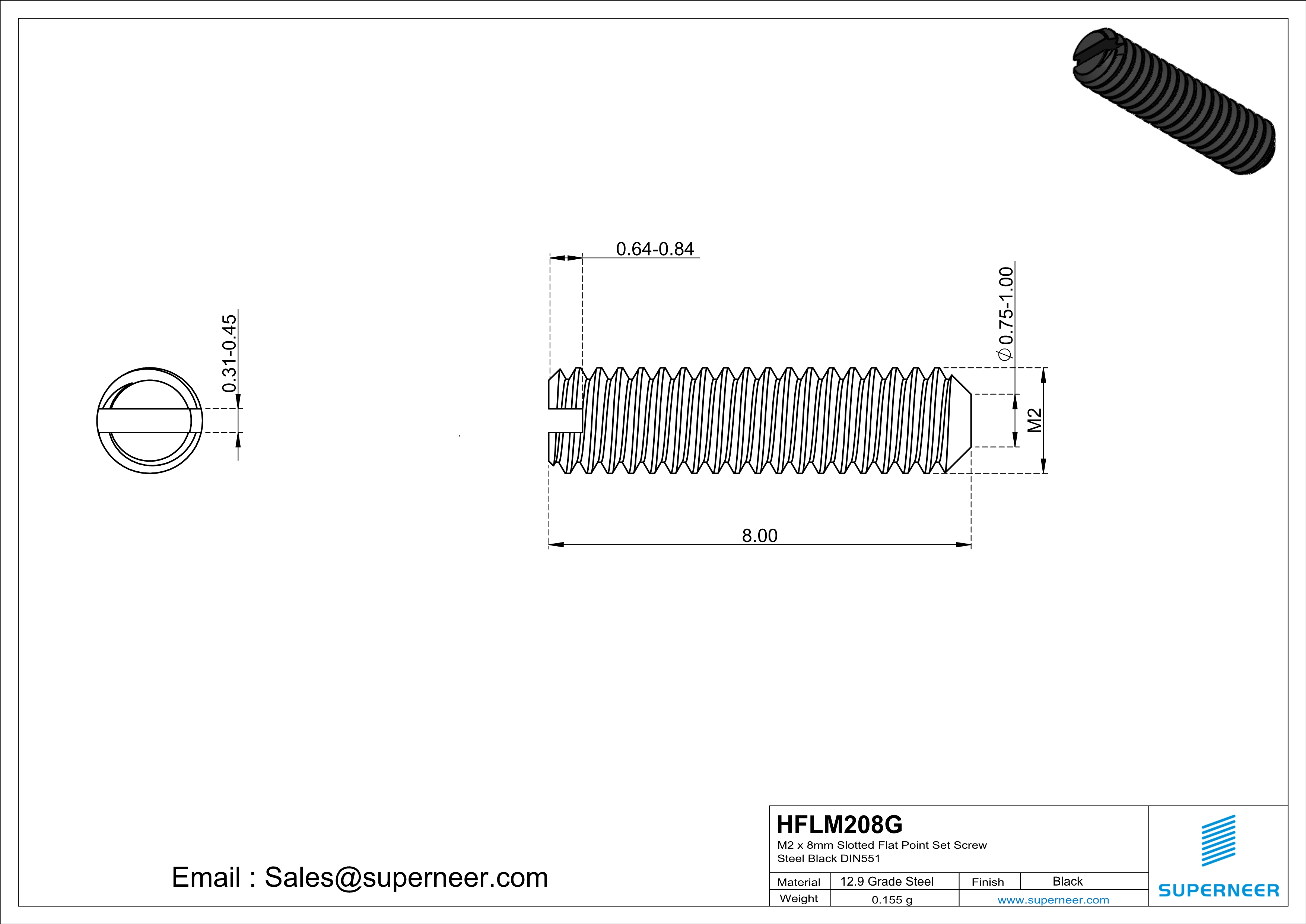 M2 x 8mm Slotted Flat Point Set Screw 12.9 Carbon Steel Black 