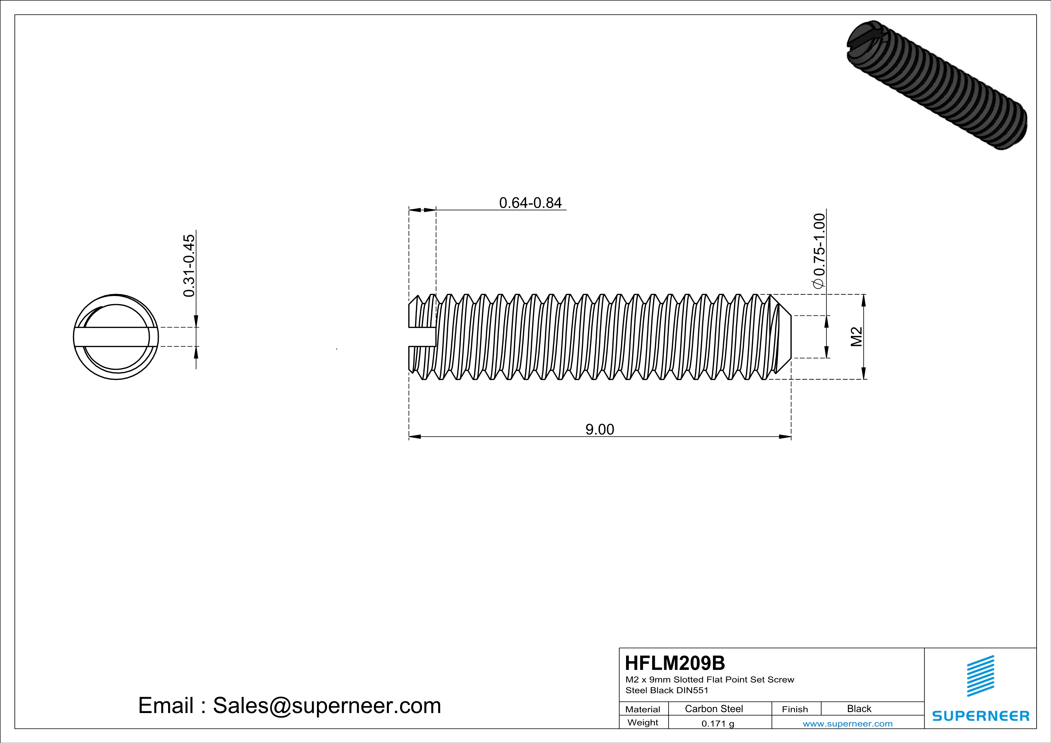 M2 x 9mm Slotted Flat Point Set Screw Steel Black 