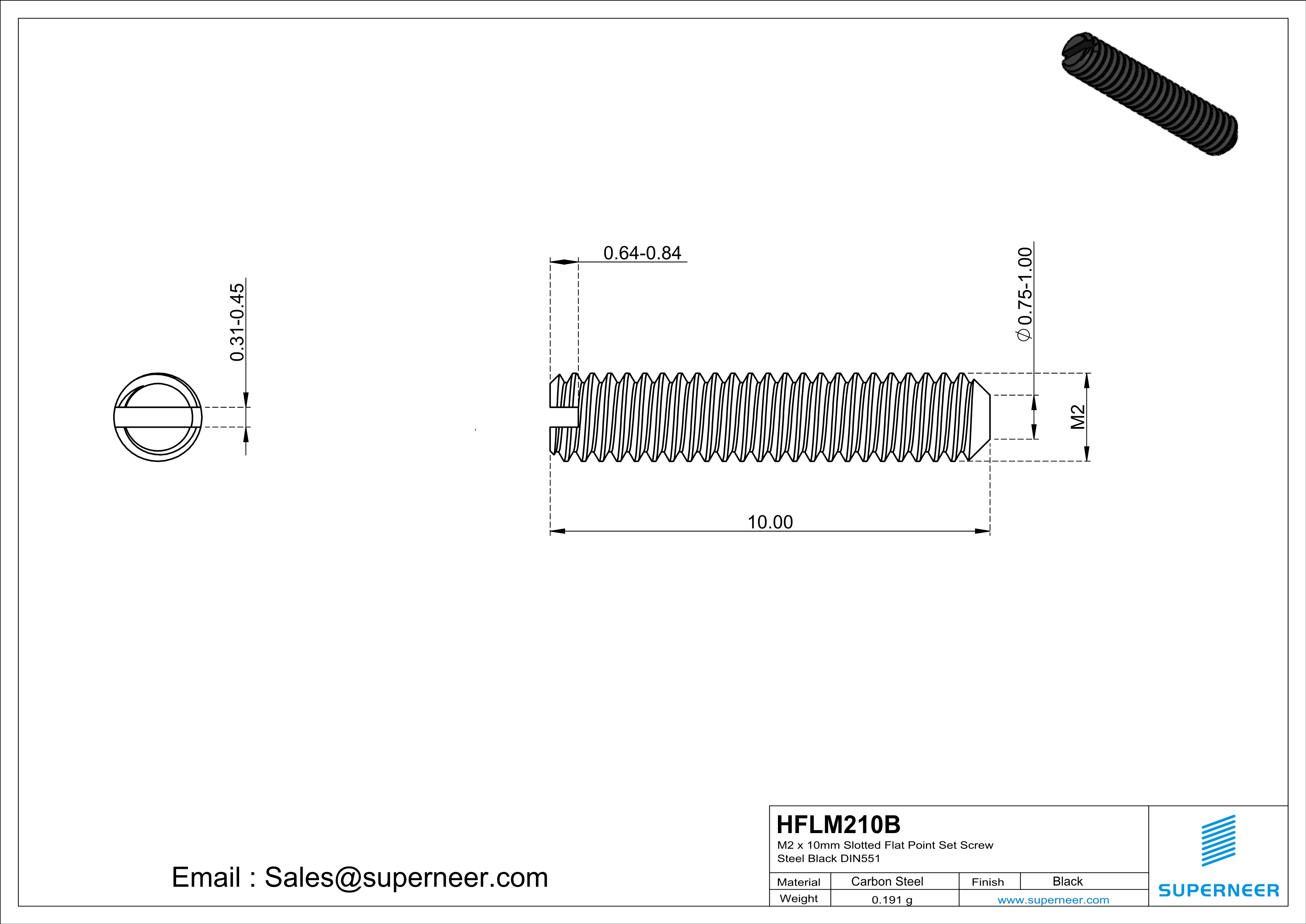 M2 x 10mm Slotted Flat Point Set Screw Steel Black 