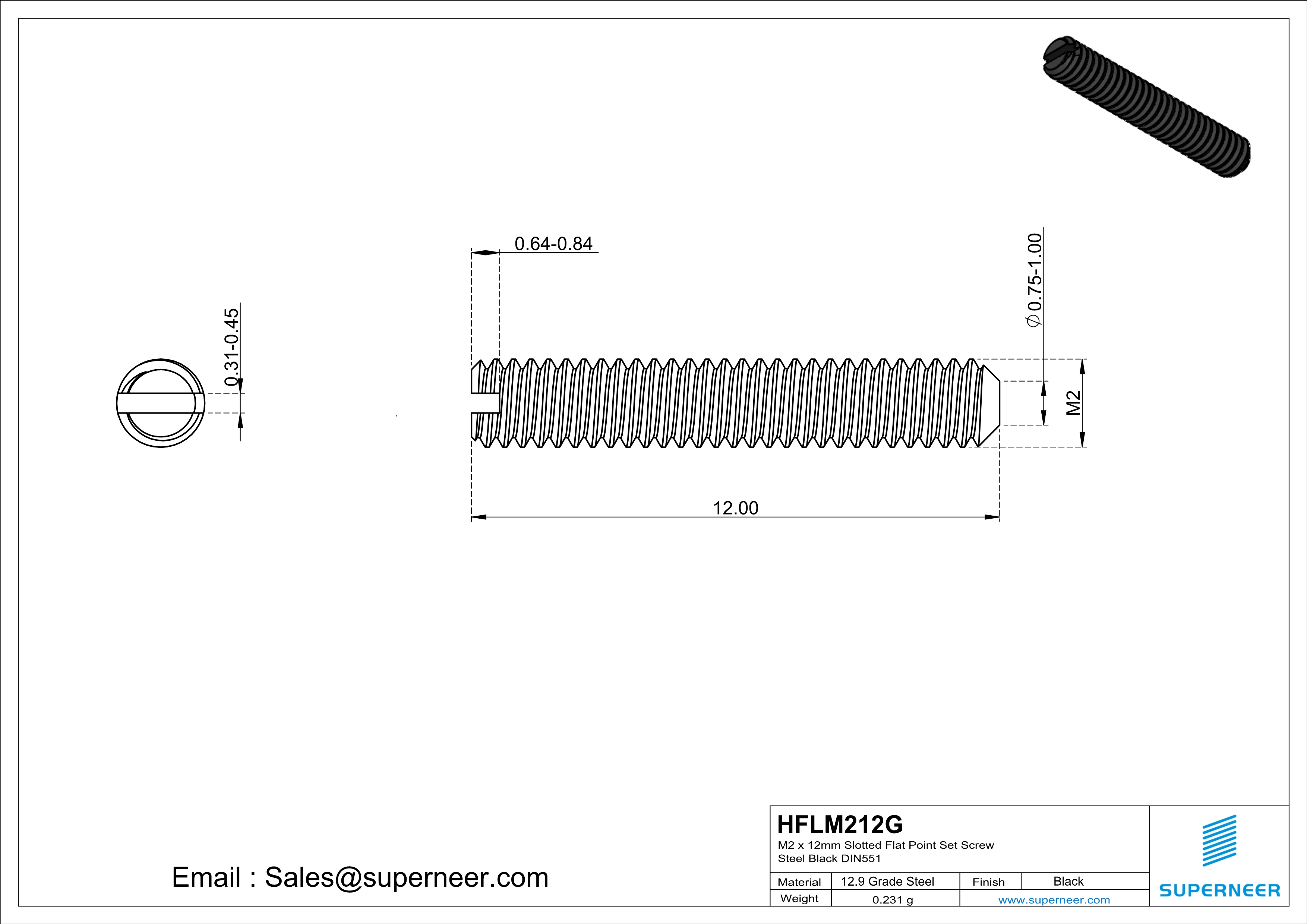 M2 x 12mm Slotted Flat Point Set Screw 12.9 Carbon Steel Black 