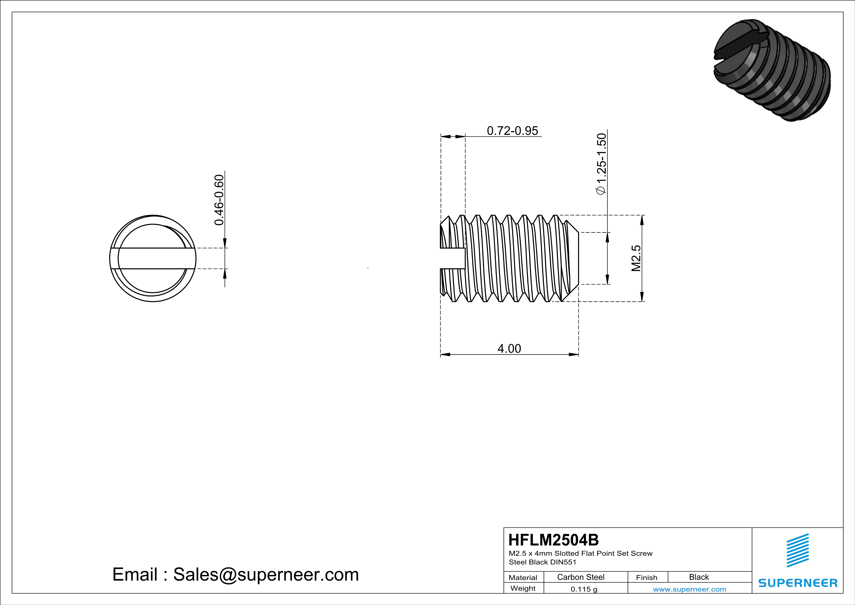 M2 x 4mm Slotted Flat Point Set Screw Steel Black 