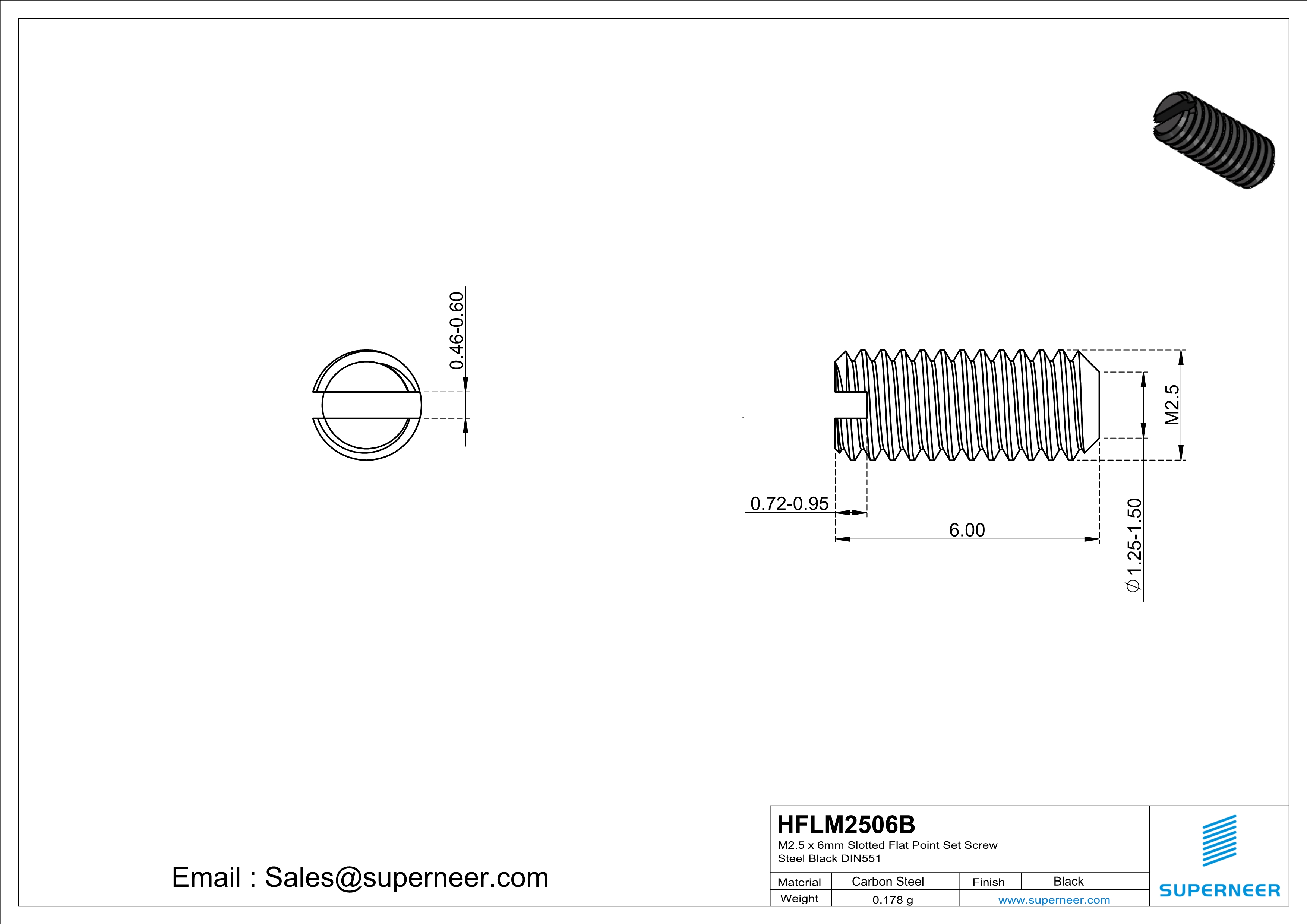 M2 x 6mm Slotted Flat Point Set Screw Steel Black 