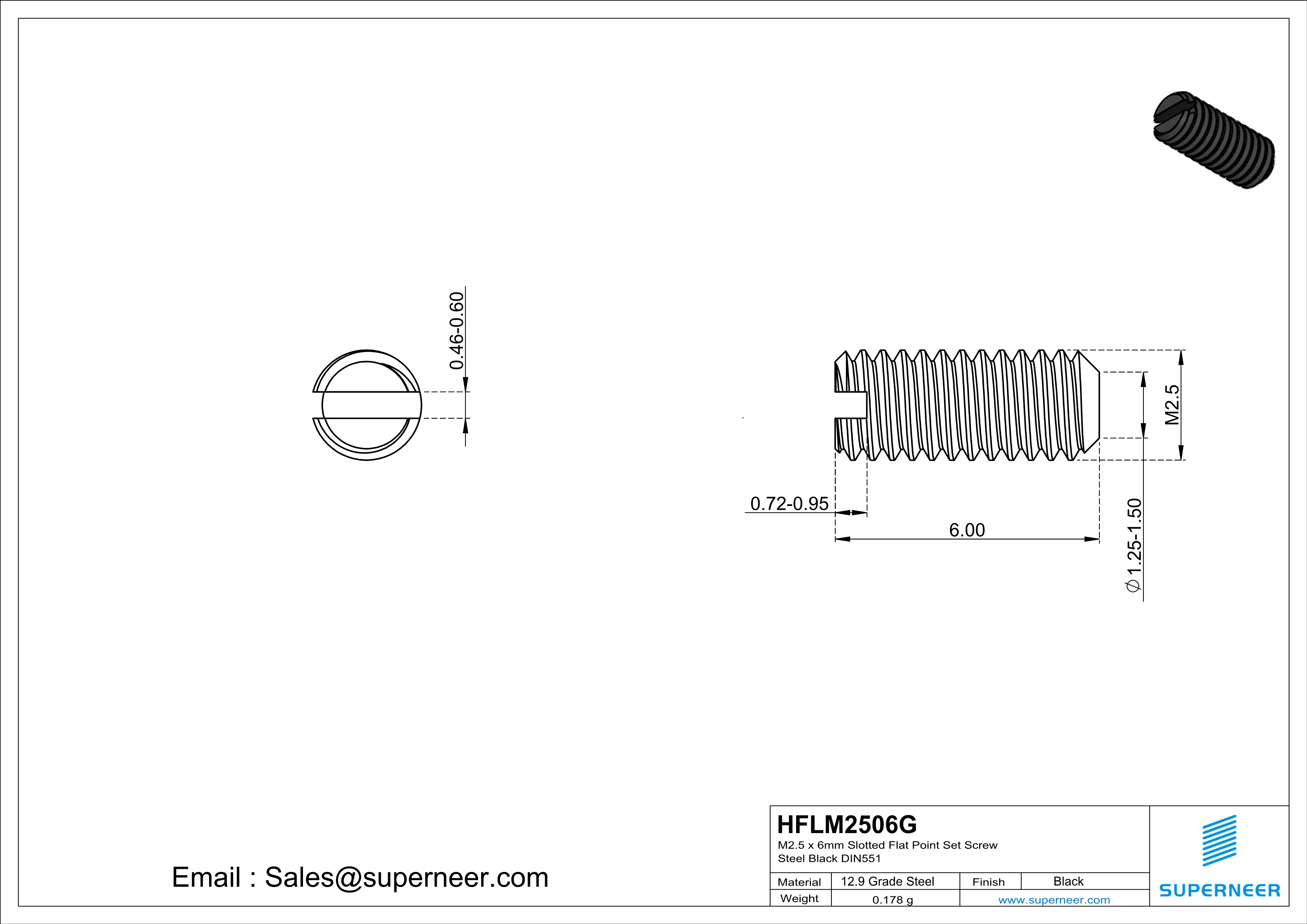M2 x 6mm Slotted Flat Point Set Screw 12.9 Carbon Steel Black 