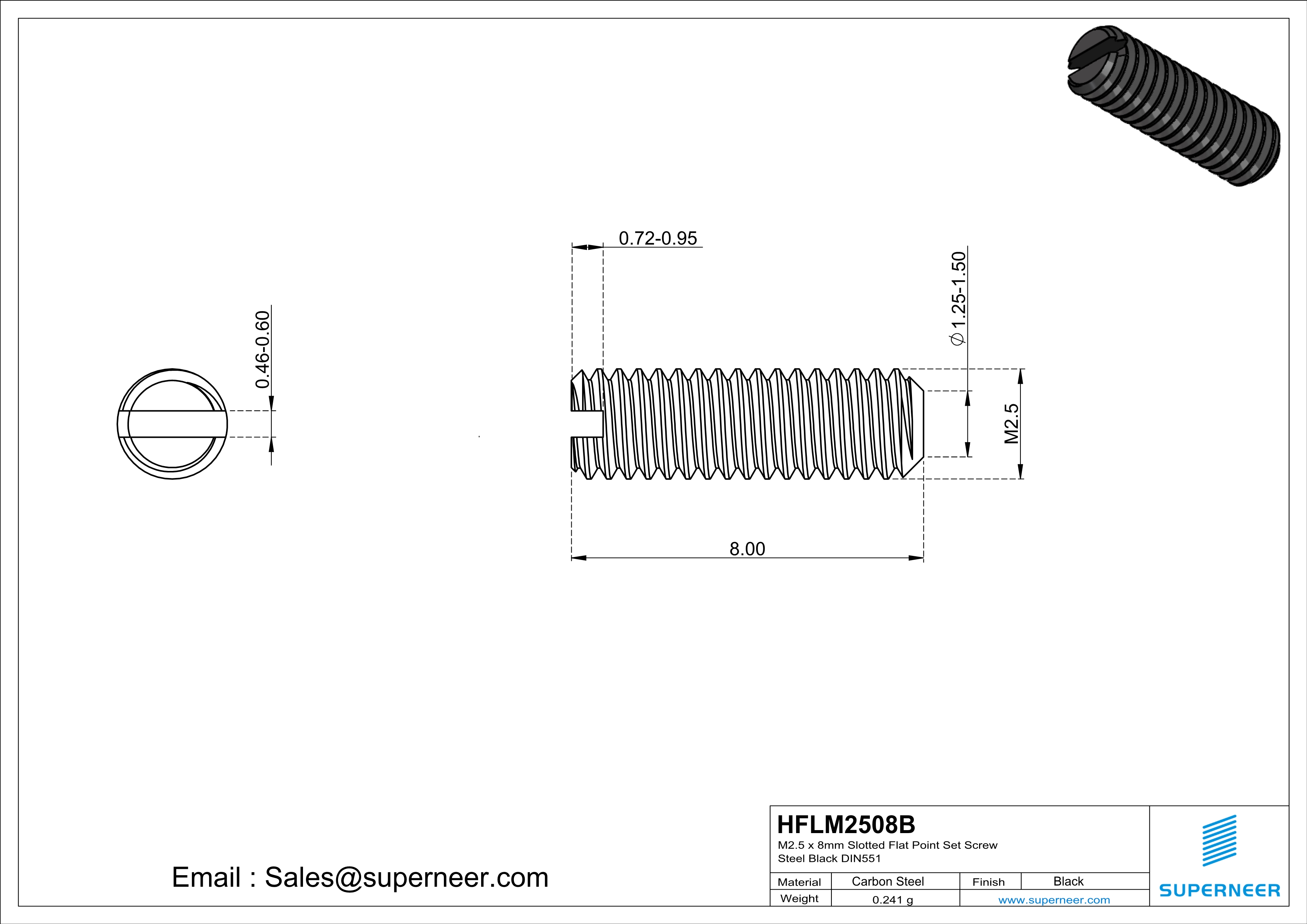 M2 x 8mm Slotted Flat Point Set Screw Steel Black 
