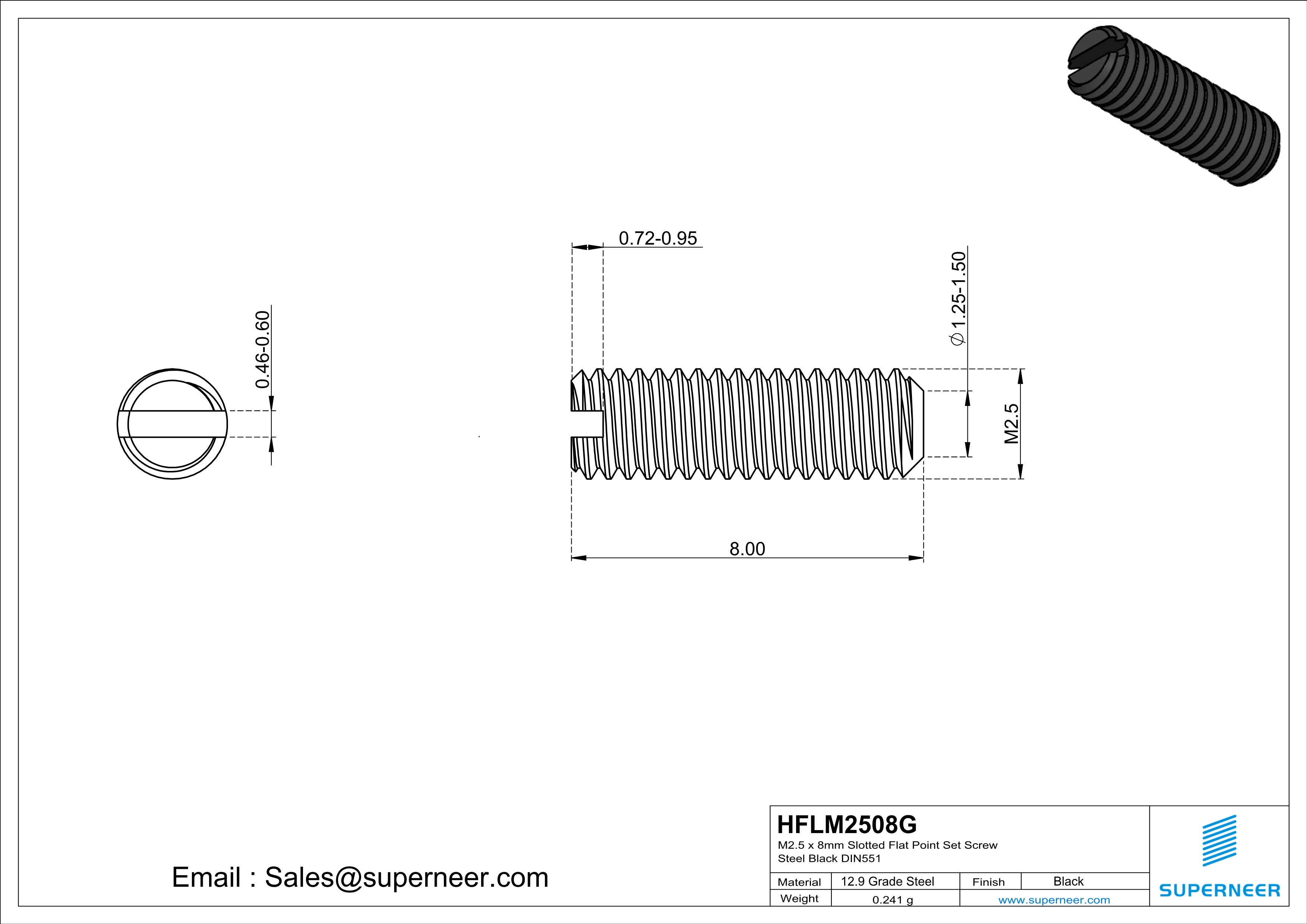 M2 x 8mm Slotted Flat Point Set Screw 12.9 Carbon Steel Black 