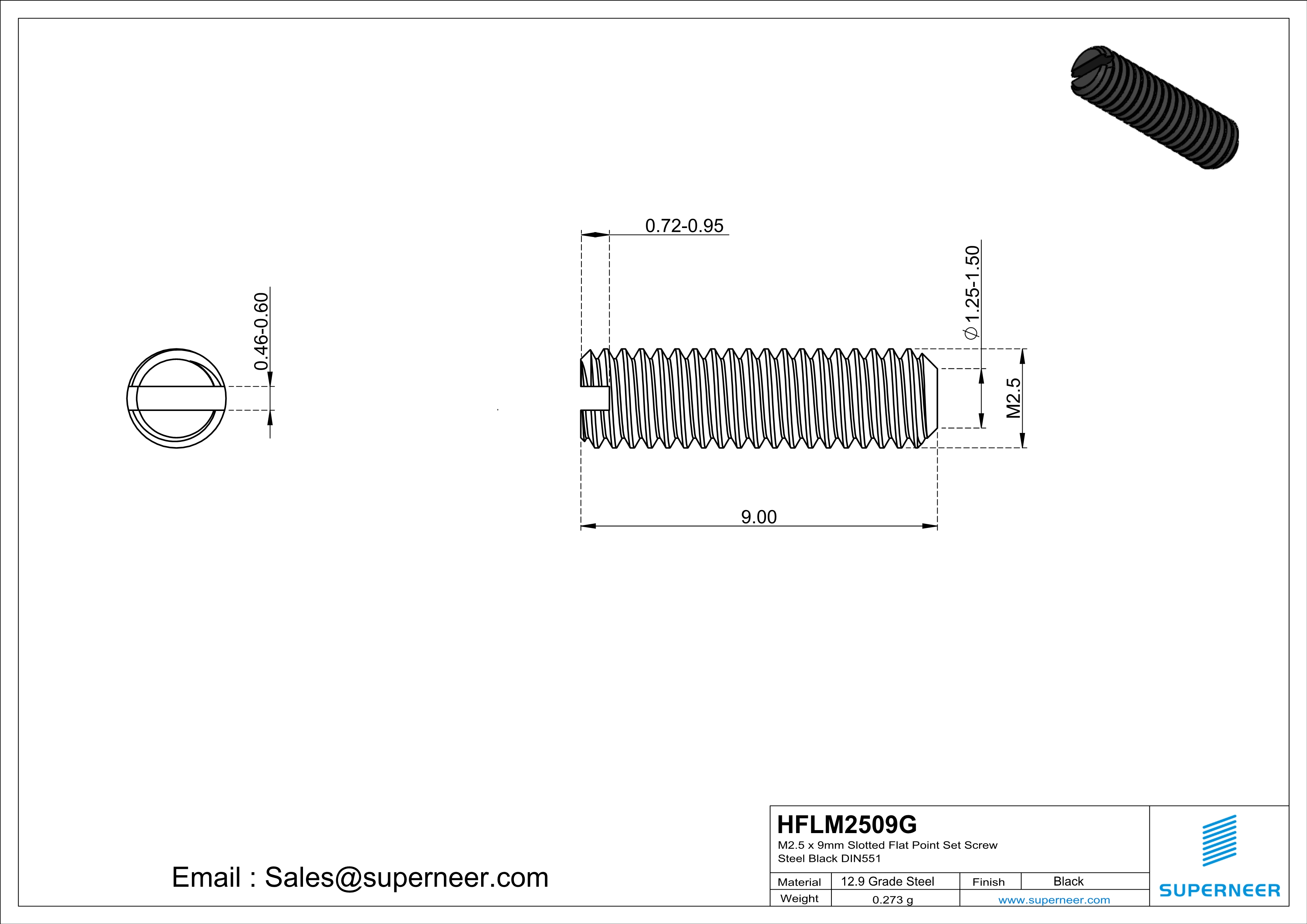 M2 x 9mm Slotted Flat Point Set Screw 12.9 Carbon Steel Black 