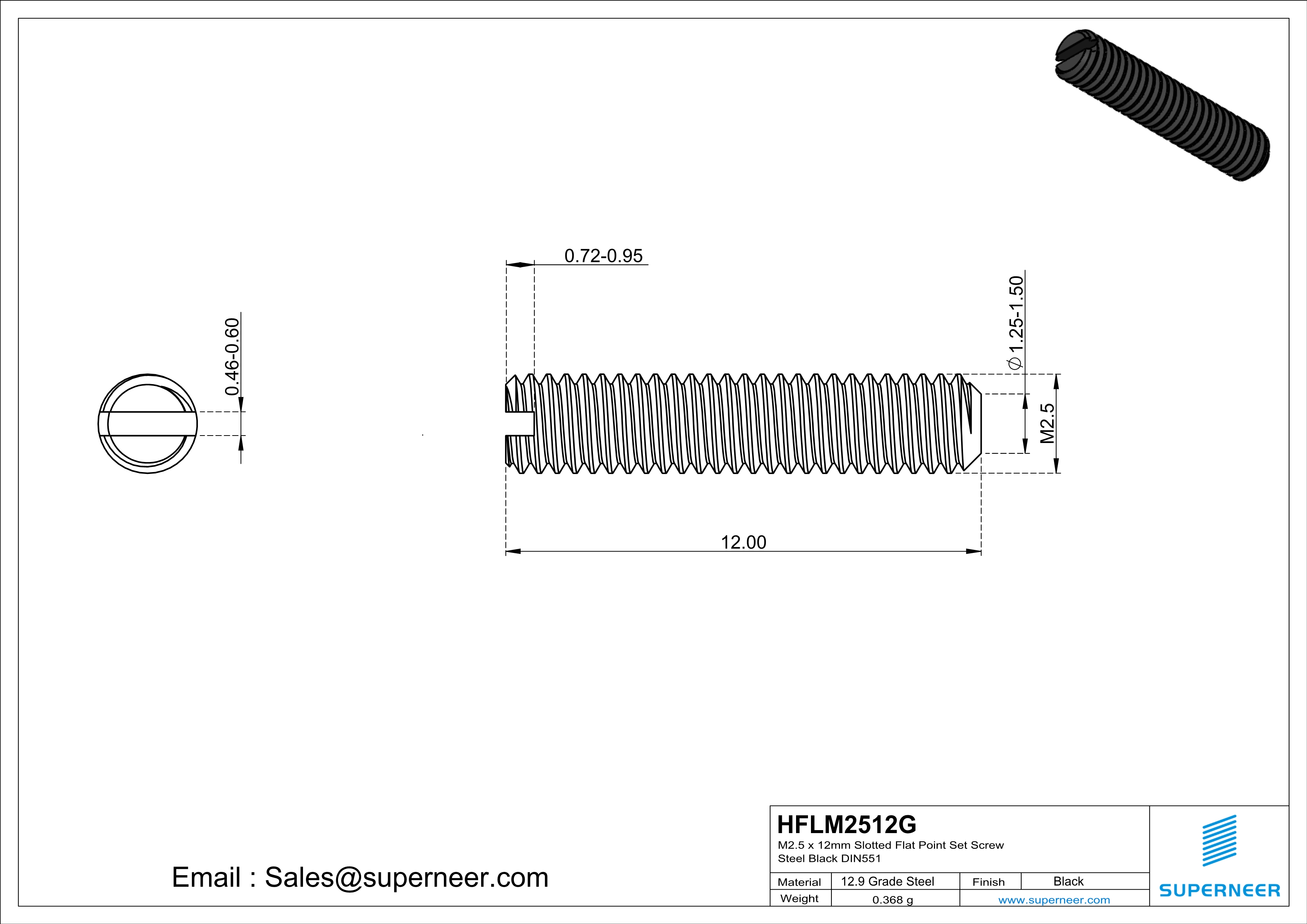 M2 x 12mm Slotted Flat Point Set Screw 12.9 Carbon Steel Black 