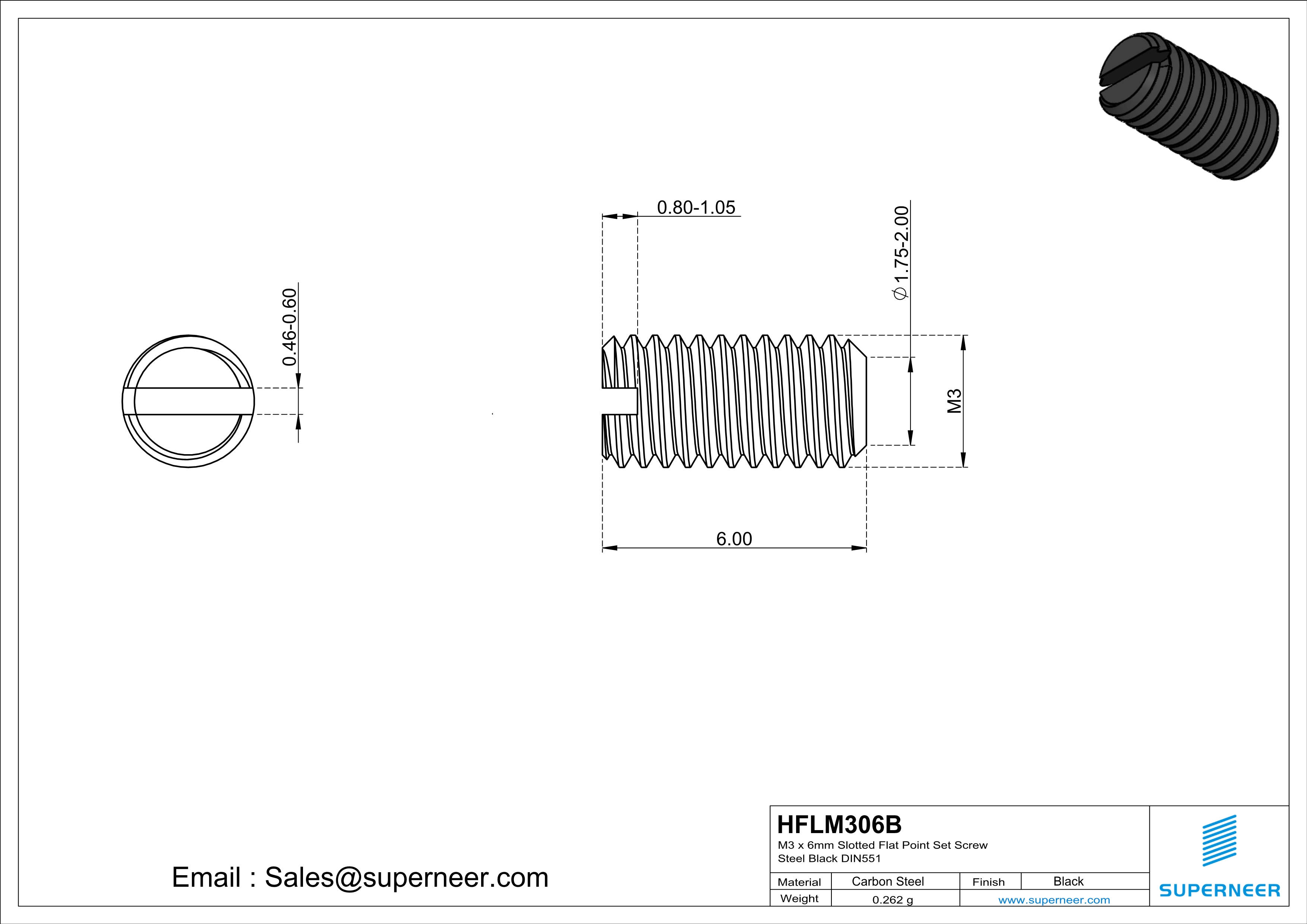 M3 x 6mm Slotted Flat Point Set Screw Steel Black 