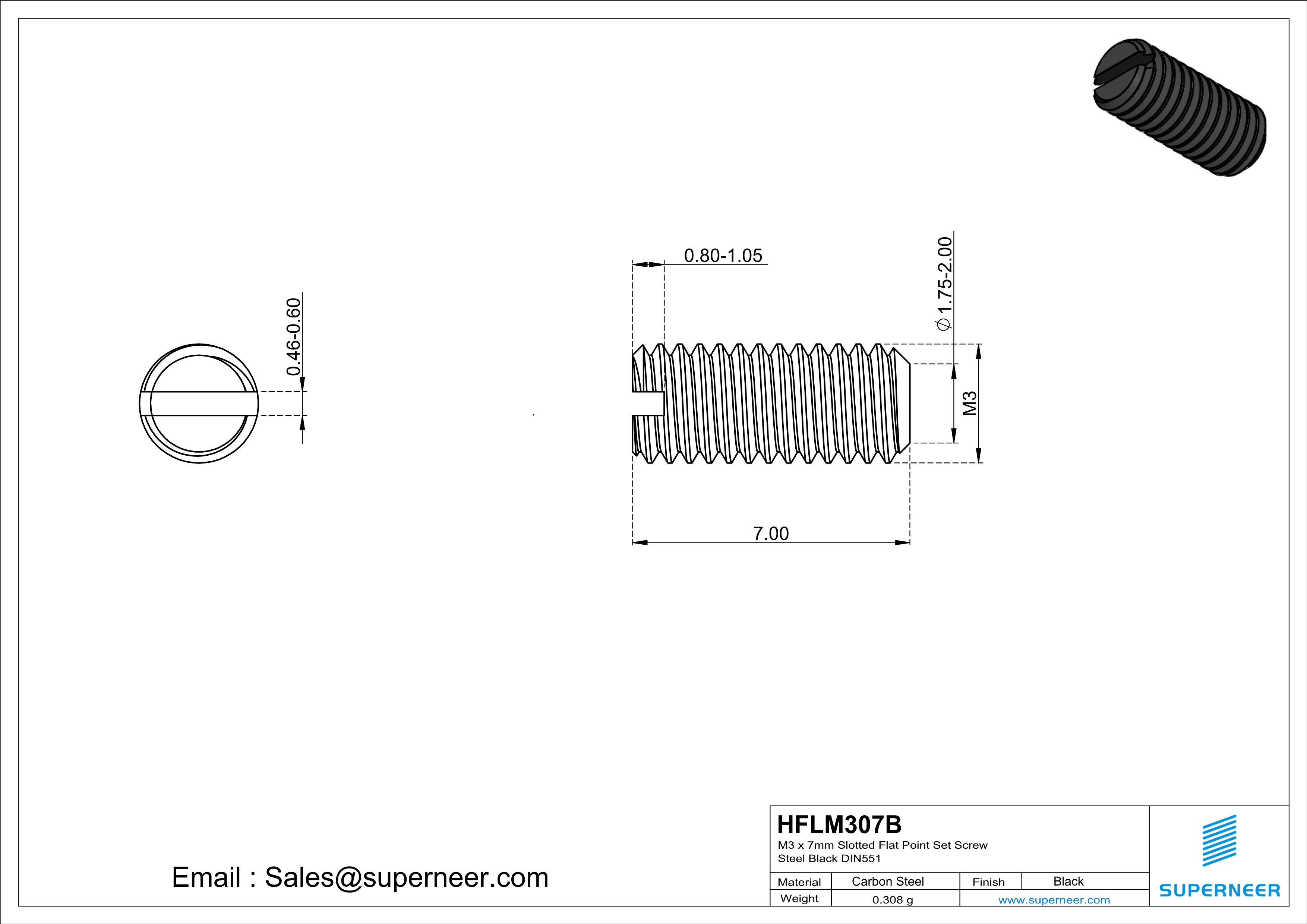 M3 x 7mm Slotted Flat Point Set Screw Steel Black 