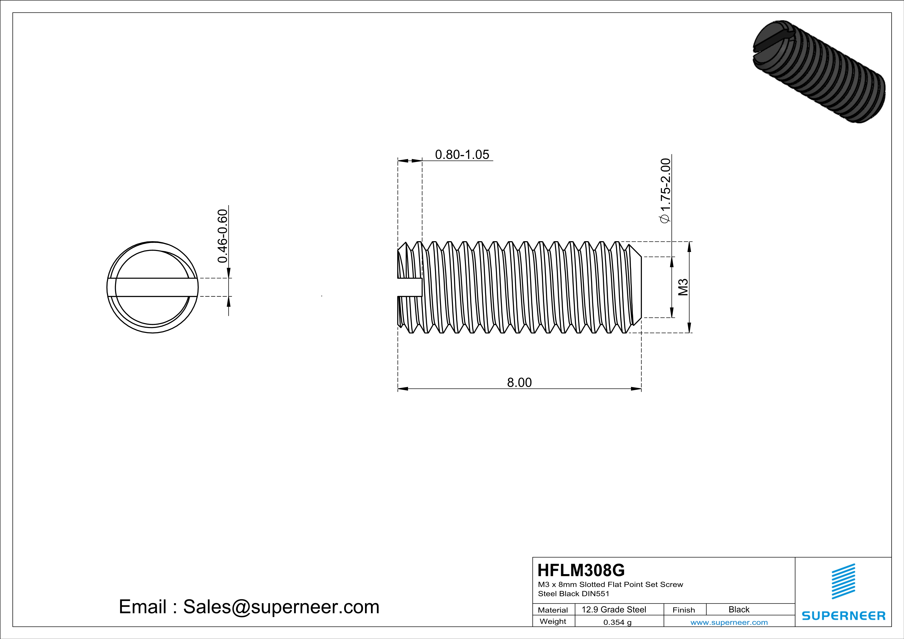 M3 x 8mm Slotted Flat Point Set Screw 12.9 Carbon Steel Black 