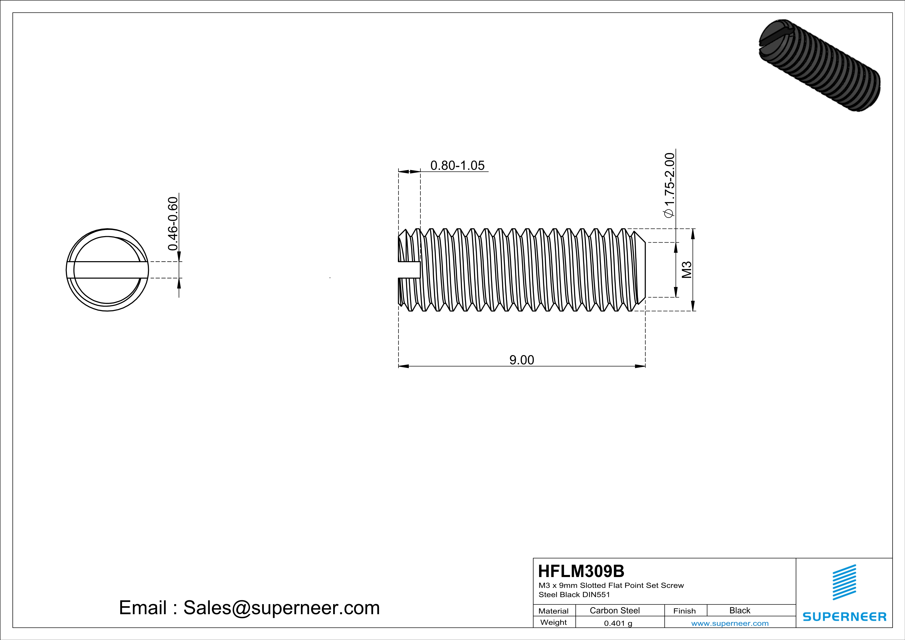 M3 x 9mm Slotted Flat Point Set Screw Steel Black 