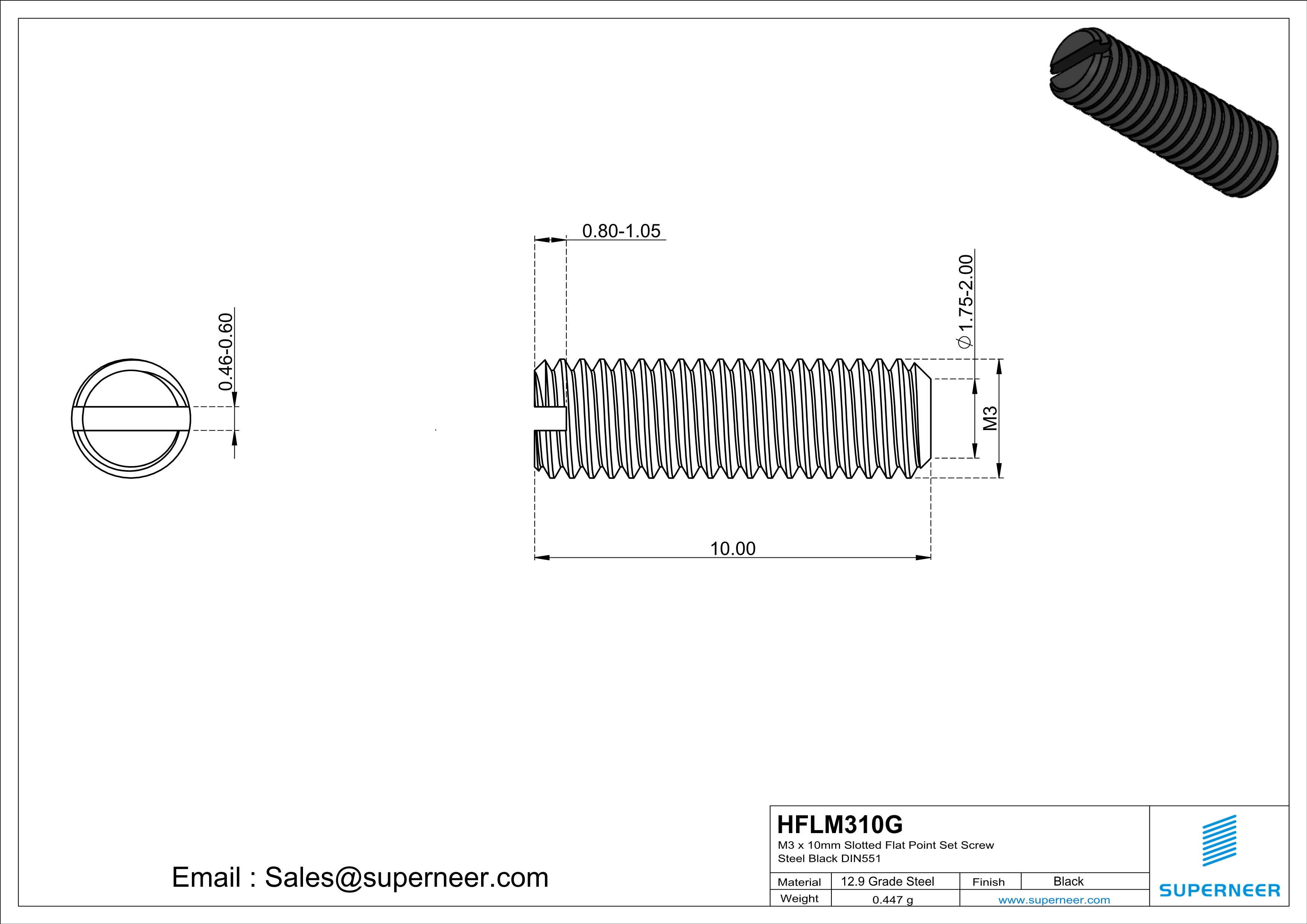 M3 x 10mm Slotted Flat Point Set Screw 12.9 Carbon Steel Black 