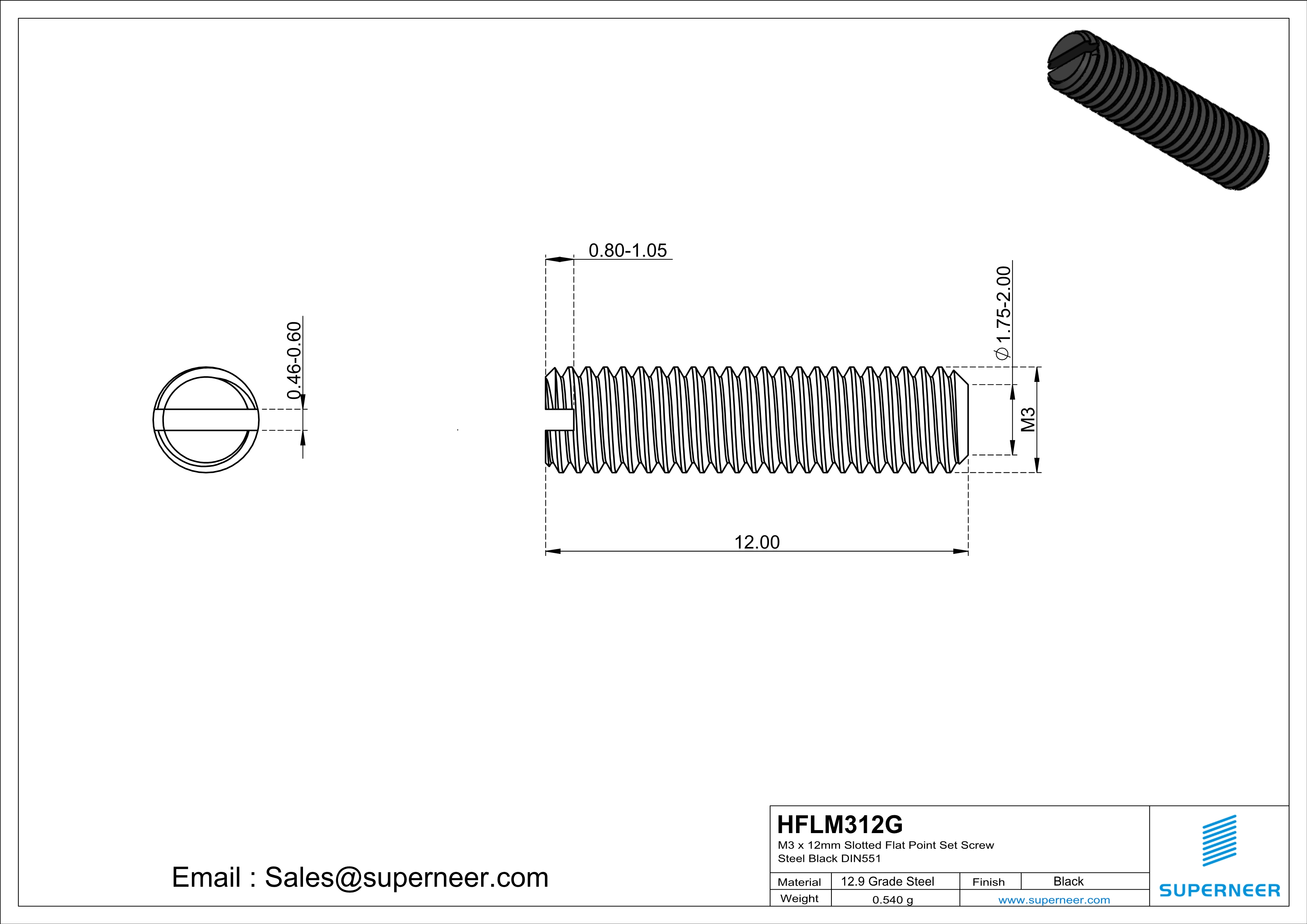 M3 x 12mm Slotted Flat Point Set Screw 12.9 Carbon Steel Black 