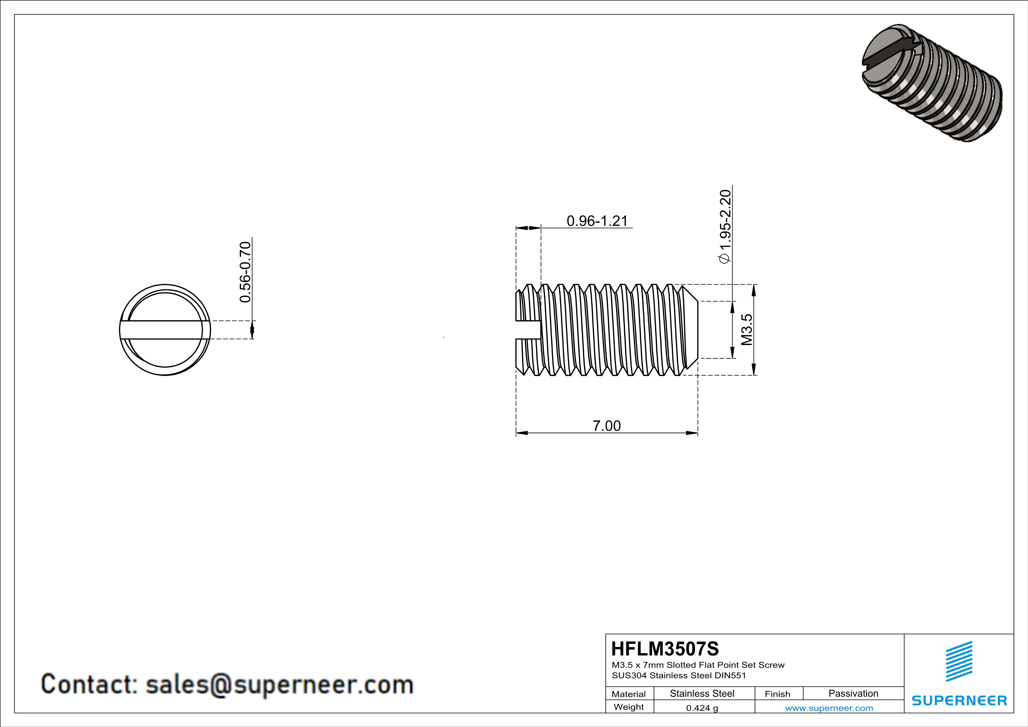 M3.5 x 7mm Slotted Flat Point Set Screw SUS304 Stainless Steel Inox 