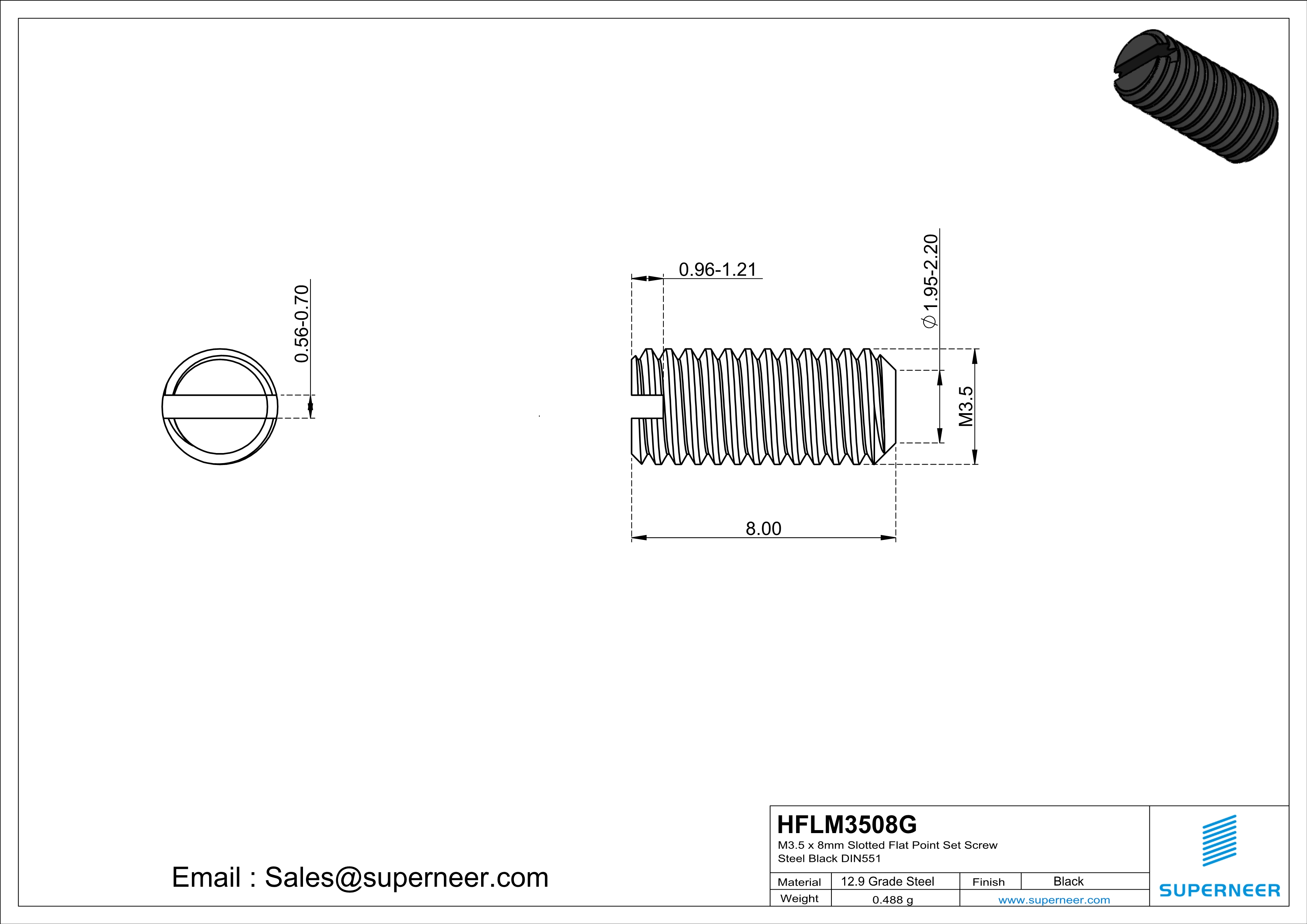 M3.5 x 8mm Slotted Flat Point Set Screw 12.9 Carbon Steel Black 