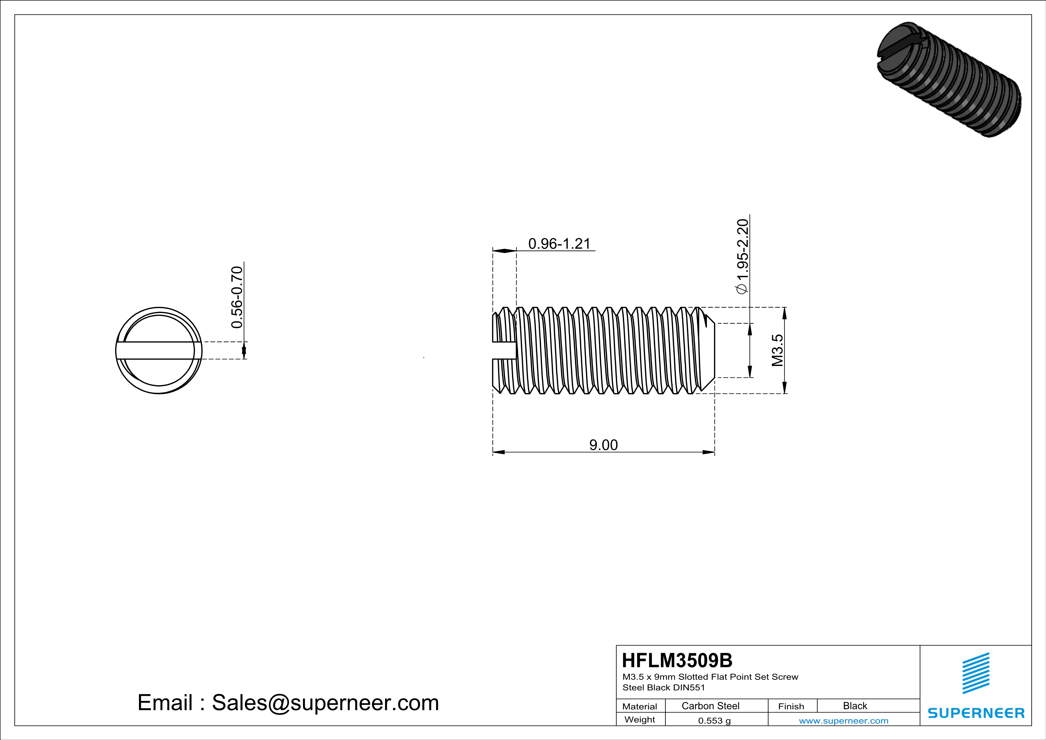 M3.5 x 9mm Slotted Flat Point Set Screw Steel Black 