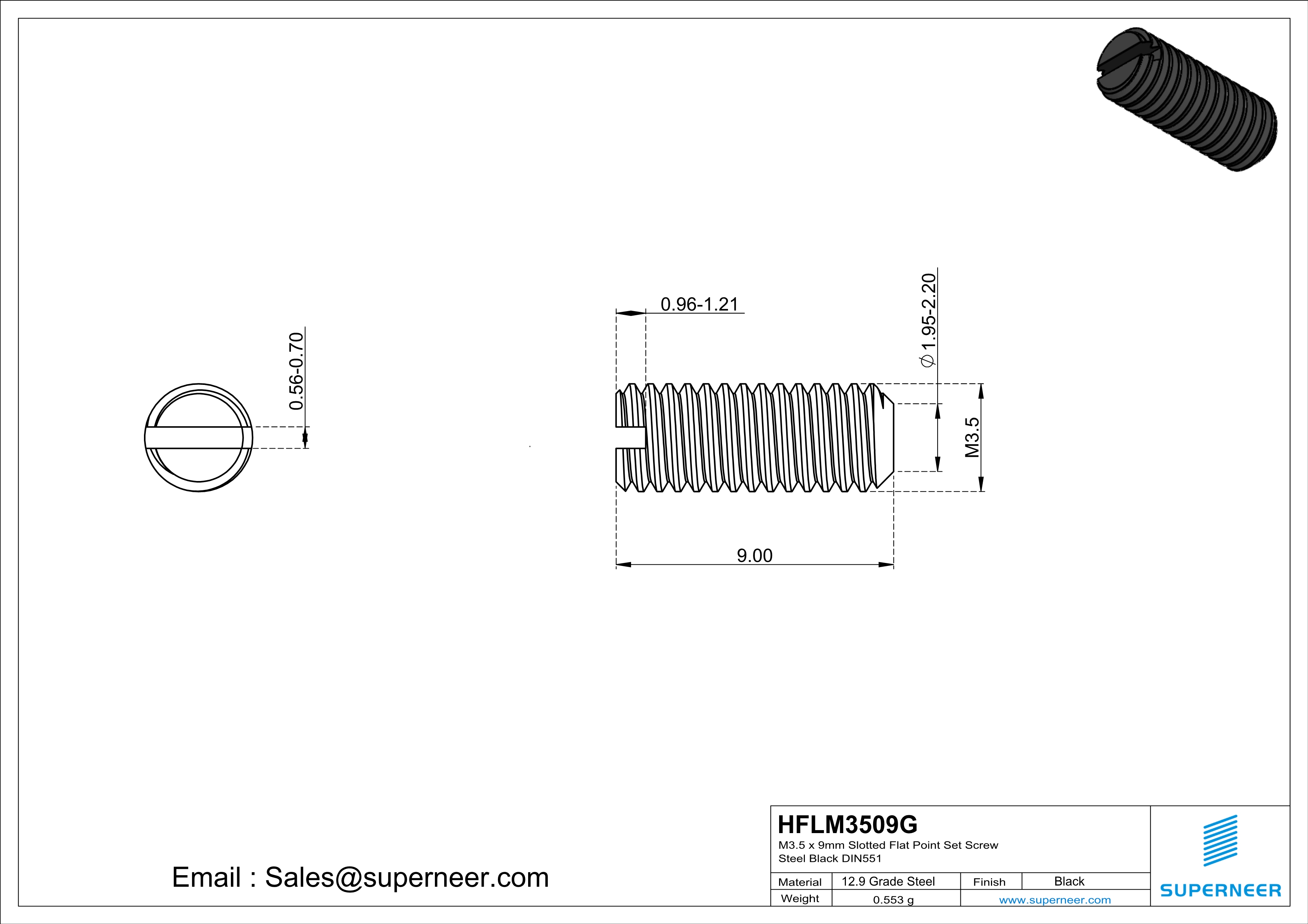 M3.5 x 9mm Slotted Flat Point Set Screw 12.9 Carbon Steel Black 