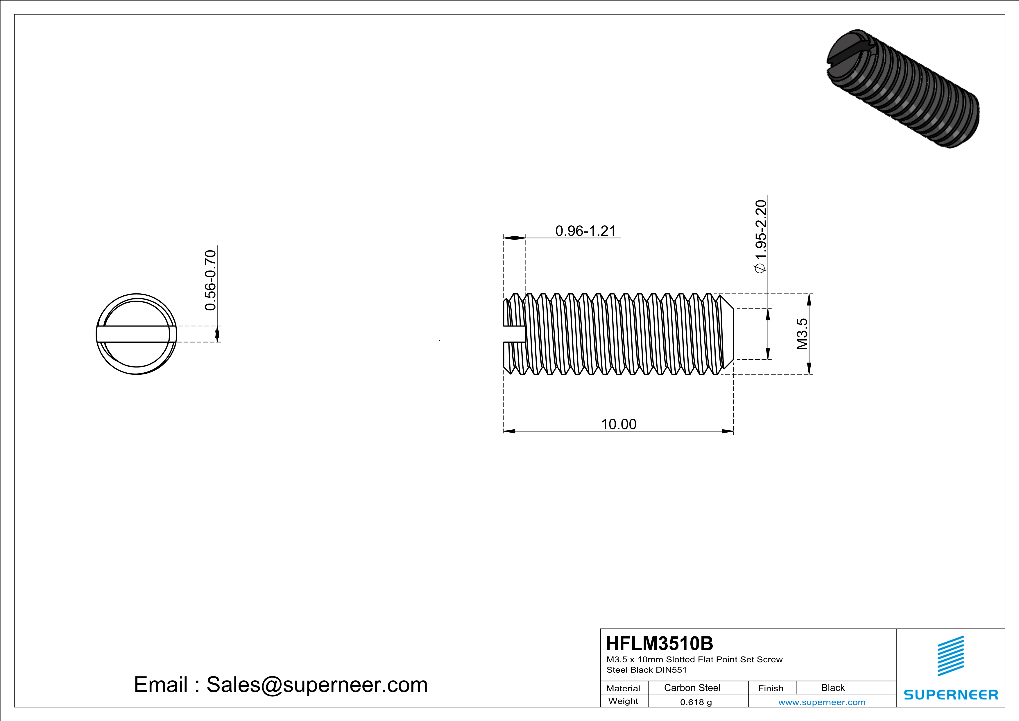 M3.5 x 10mm Slotted Flat Point Set Screw Steel Black 