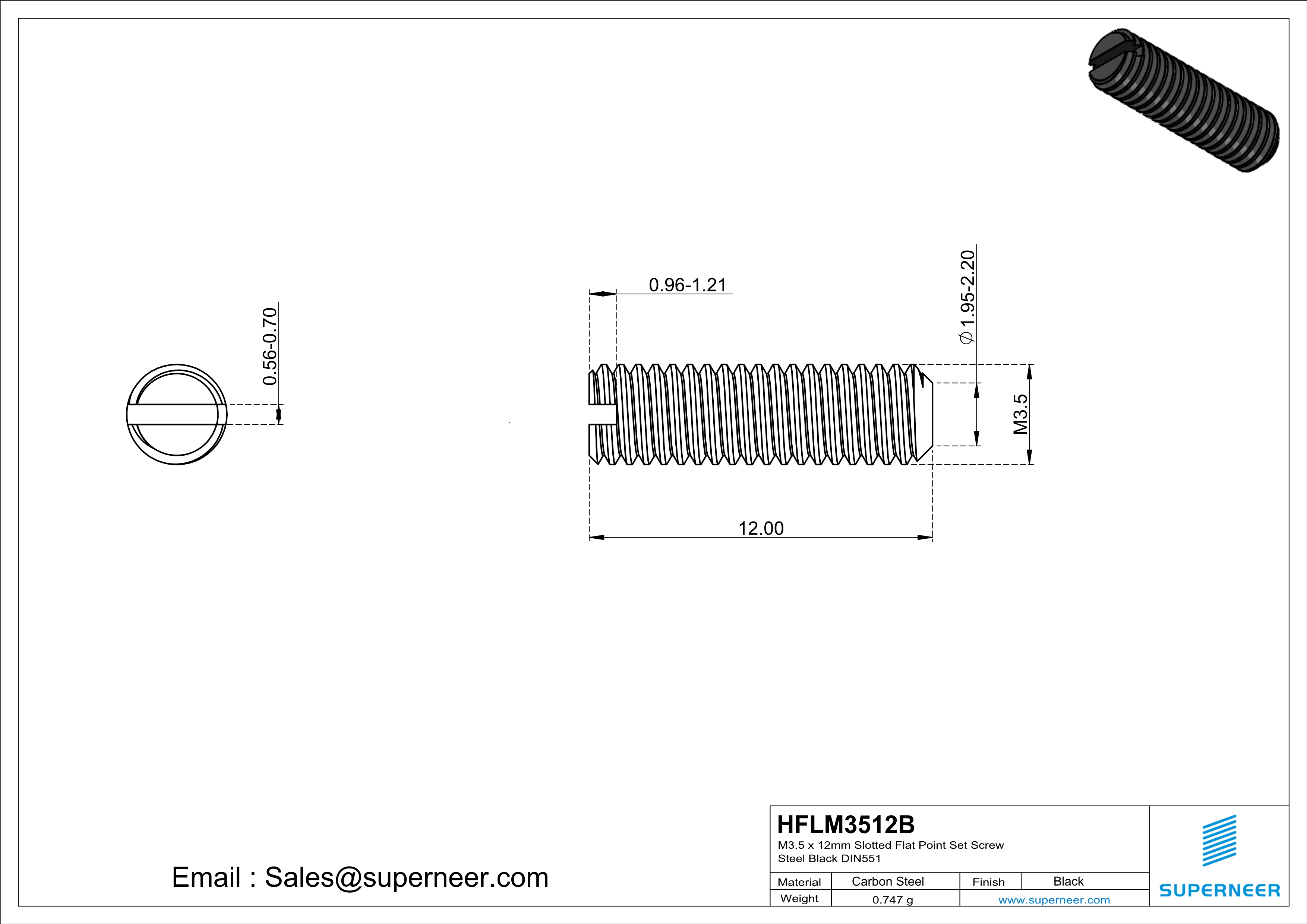 M3.5 x 12mm Slotted Flat Point Set Screw Steel Black 