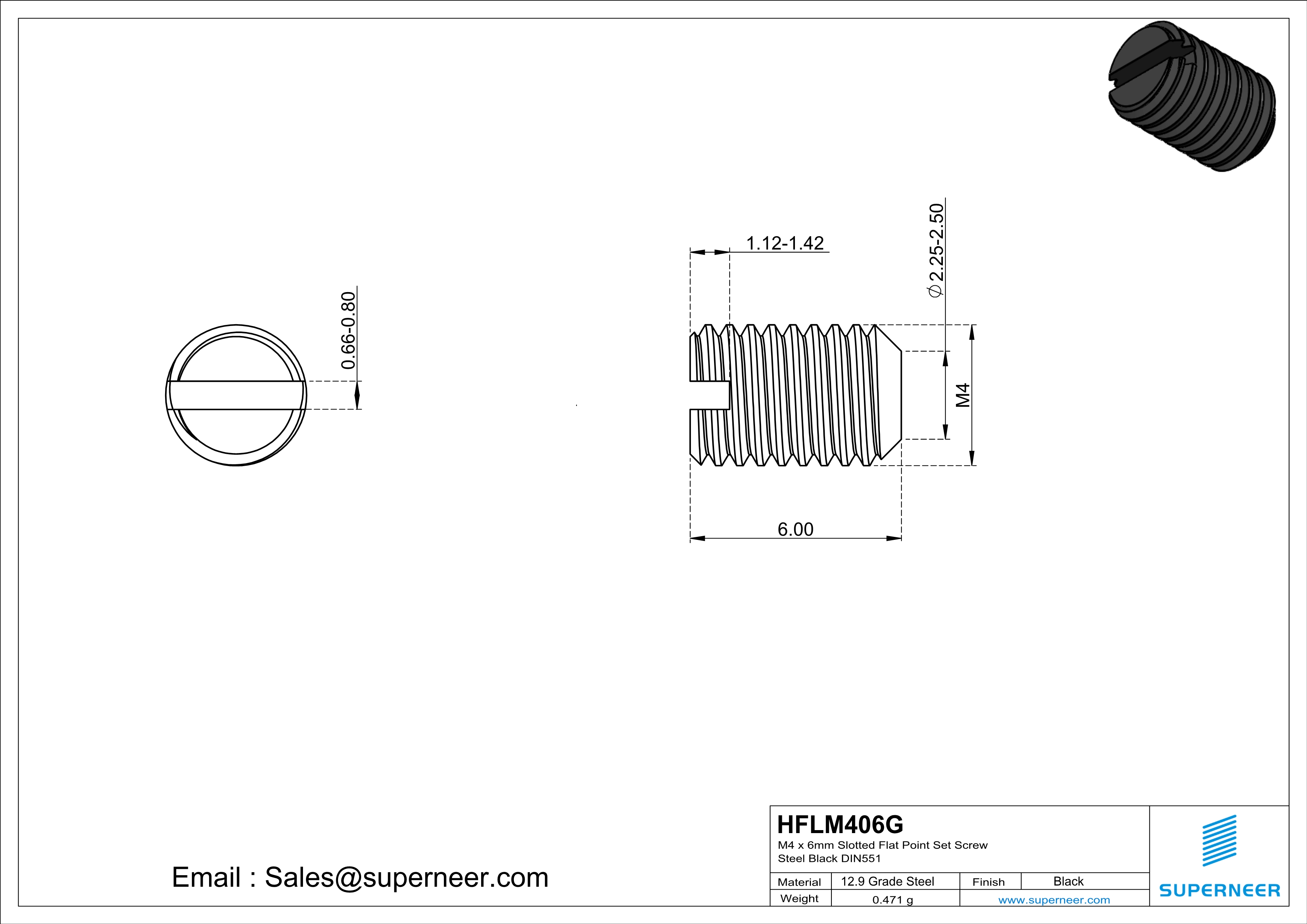 M4 x 6mm Slotted Flat Point Set Screw 12.9 Carbon Steel Black 