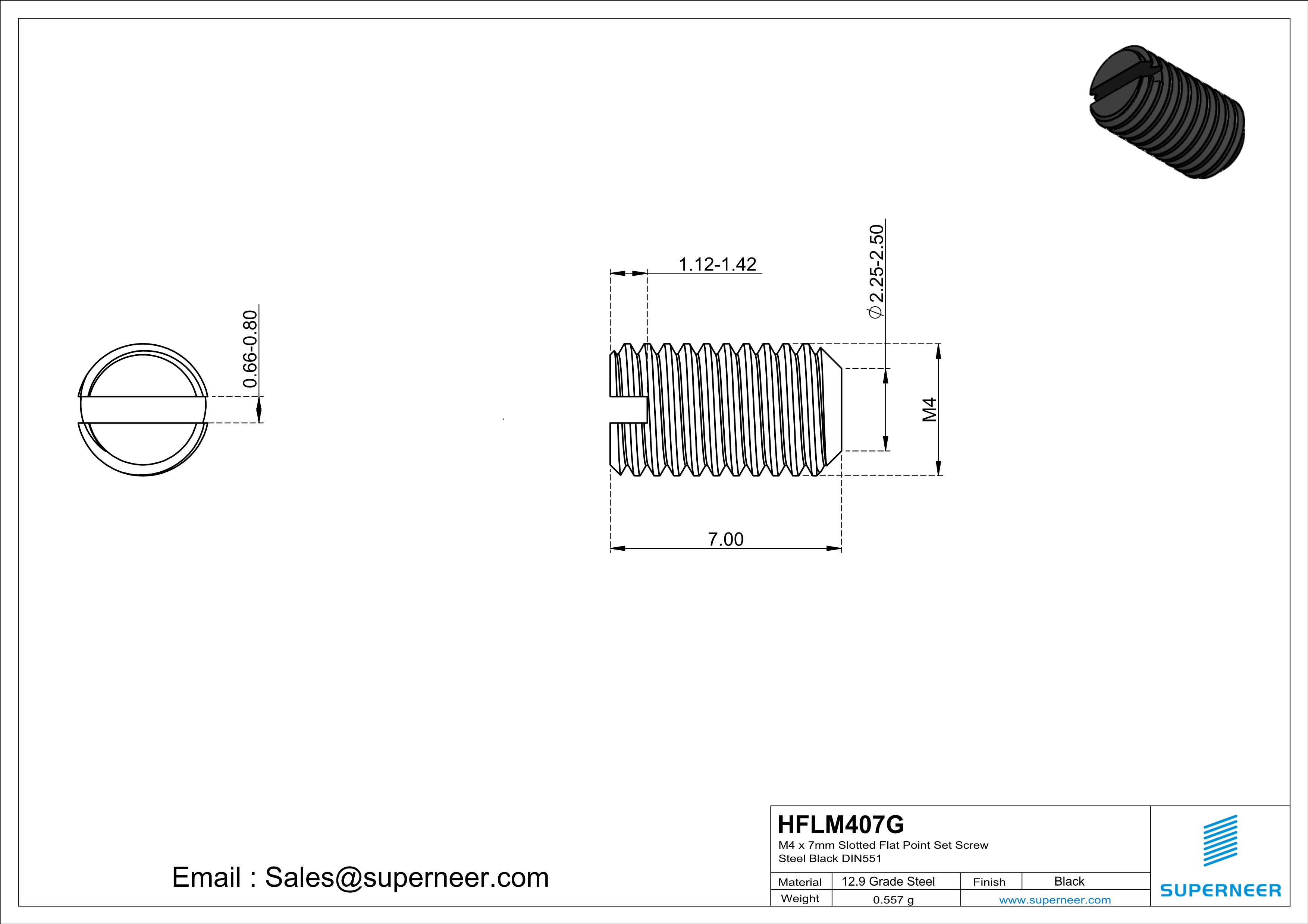 M4 x 7mm Slotted Flat Point Set Screw 12.9 Carbon Steel Black 