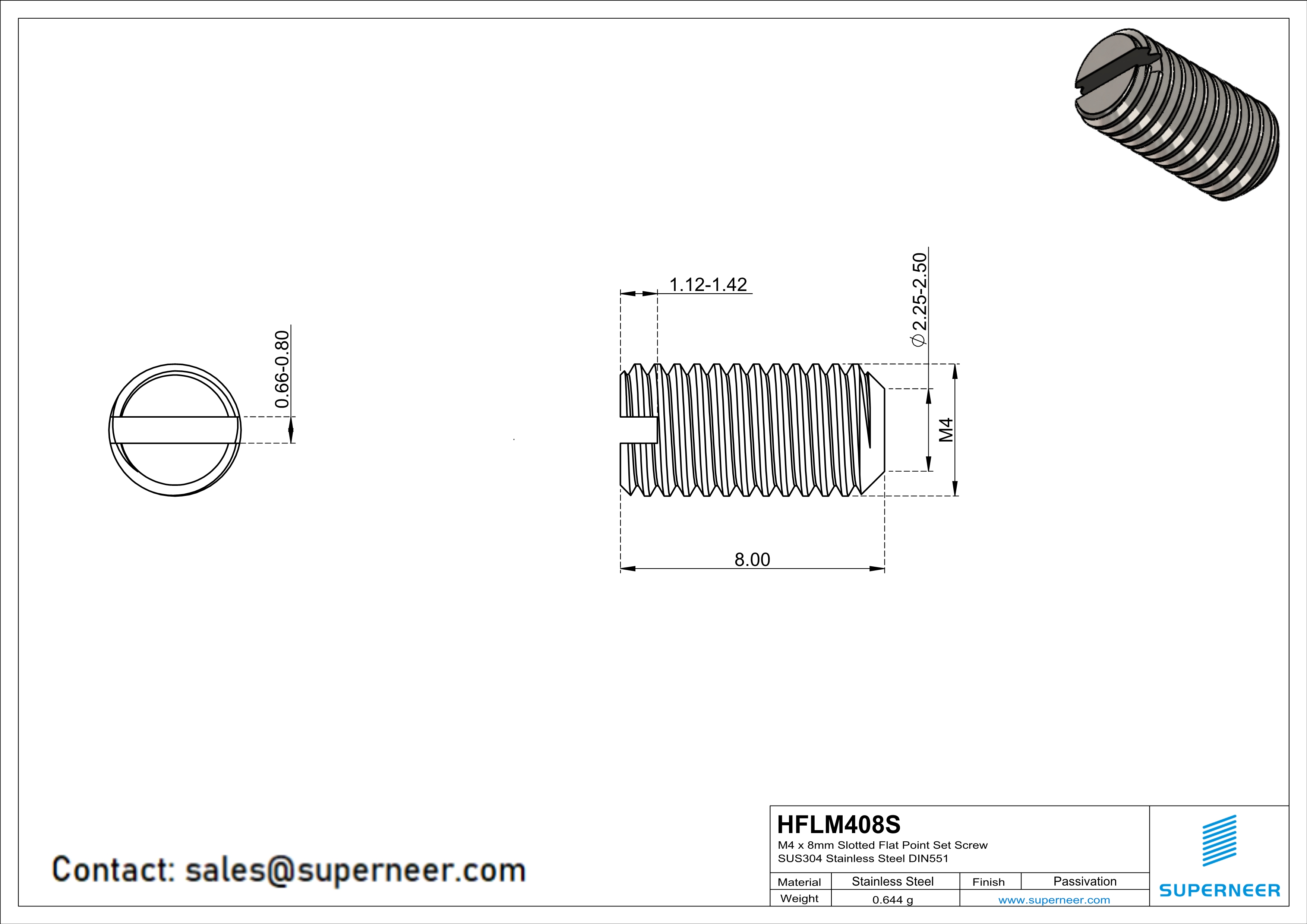 M4 x 8mm Slotted Flat Point Set Screw SUS304 Stainless Steel Inox 