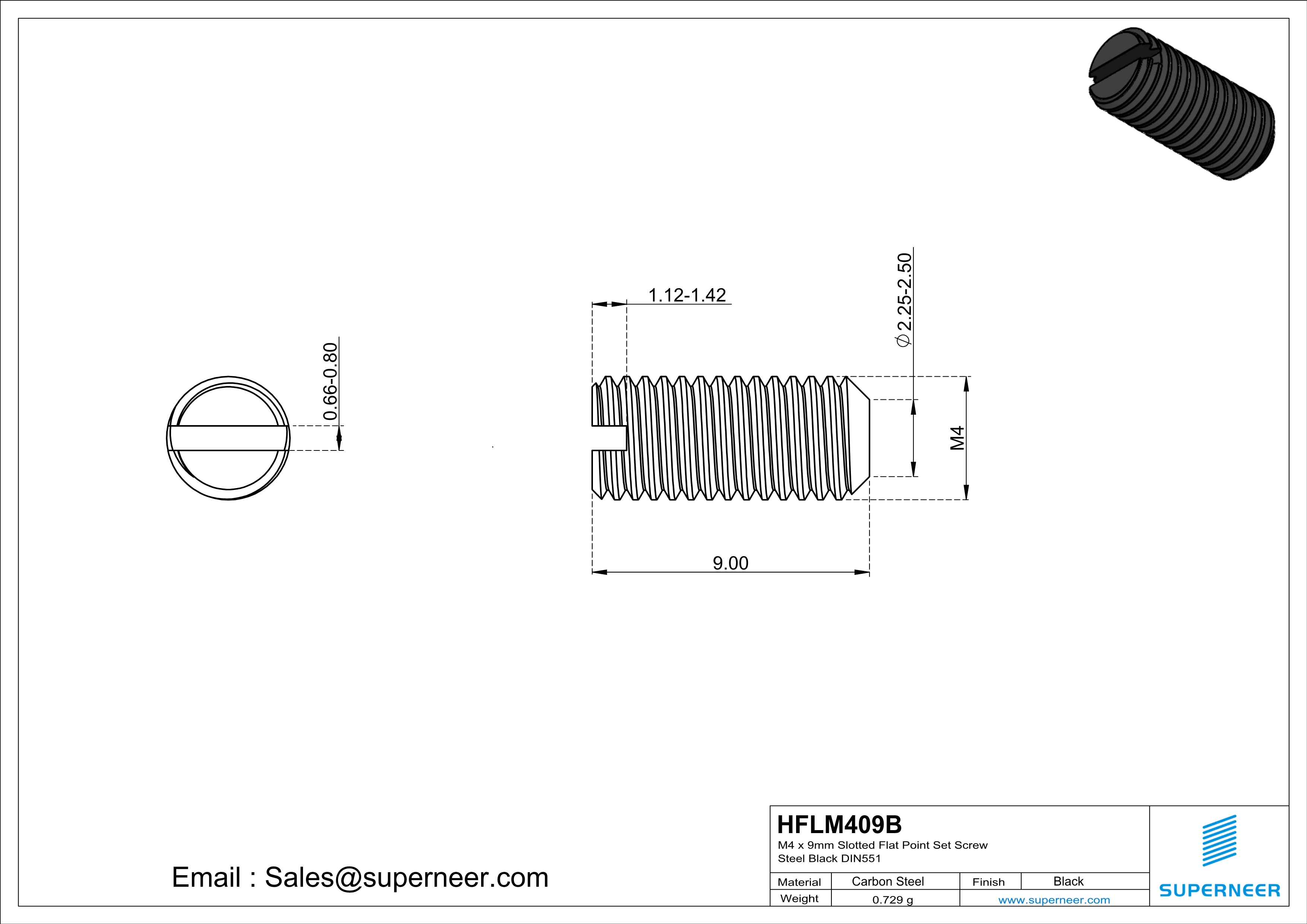 M4 x 9mm Slotted Flat Point Set Screw Steel Black 