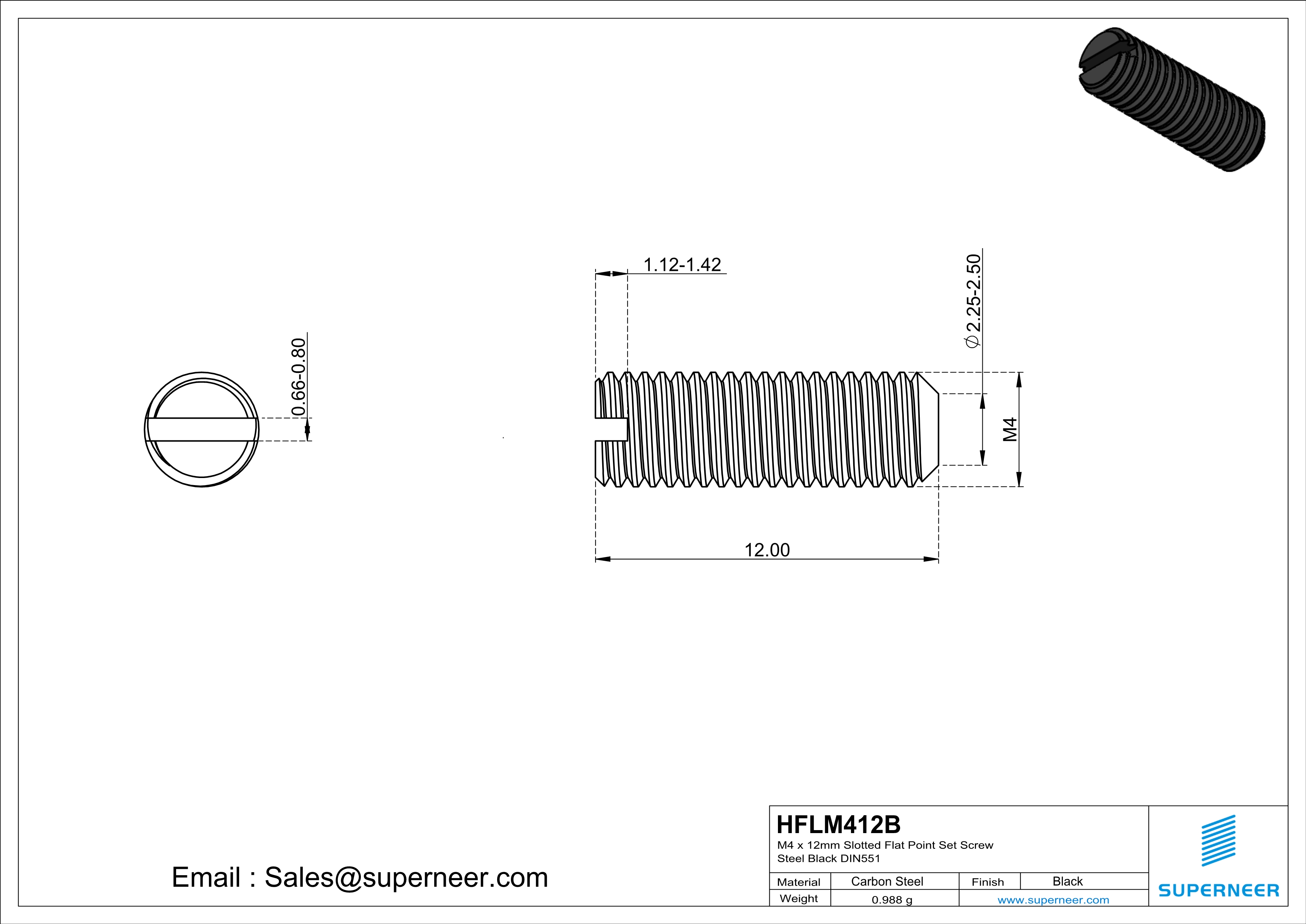 M4 x 12mm Slotted Flat Point Set Screw Steel Black 