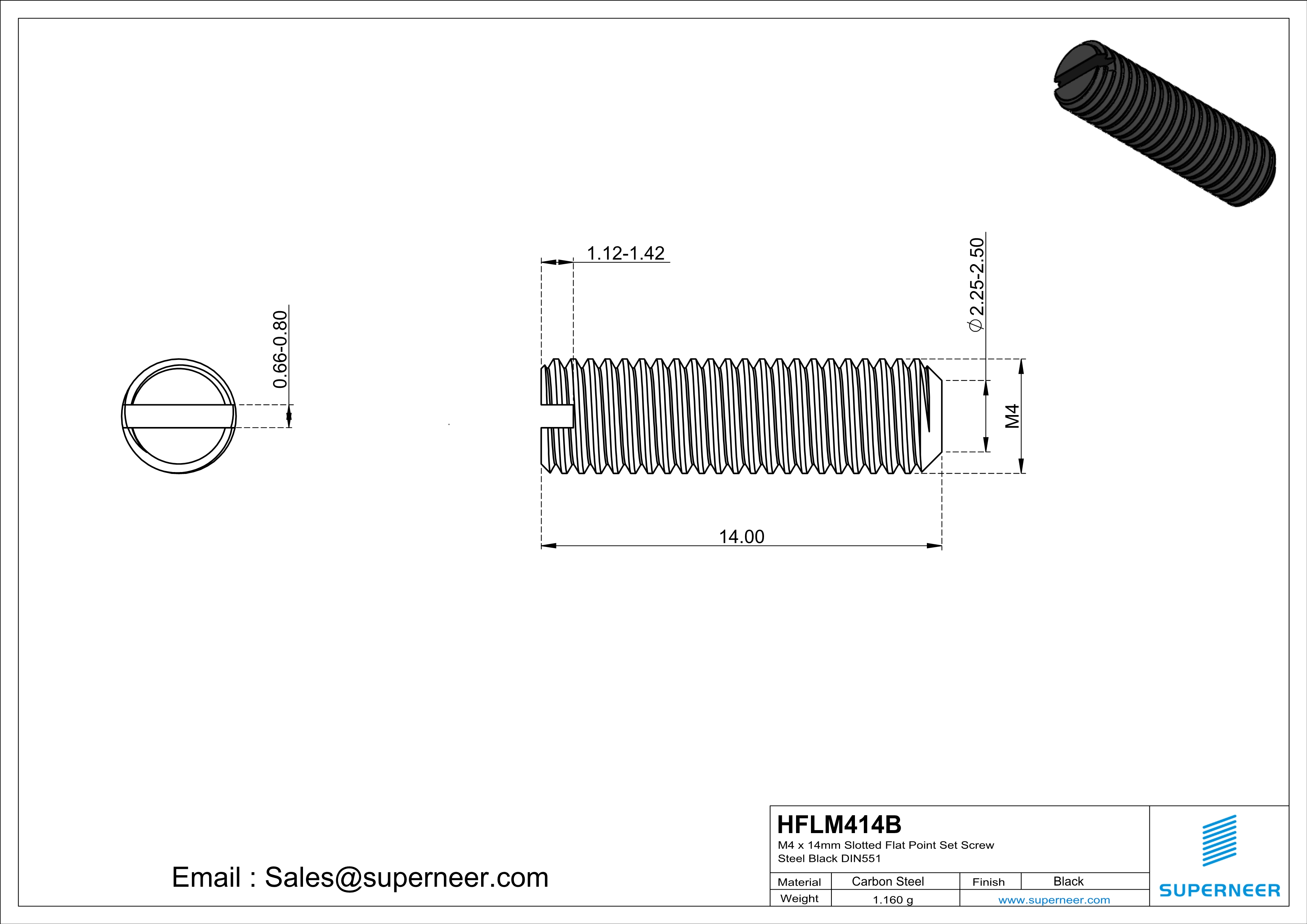 M4 x 14mm Slotted Flat Point Set Screw Steel Black 