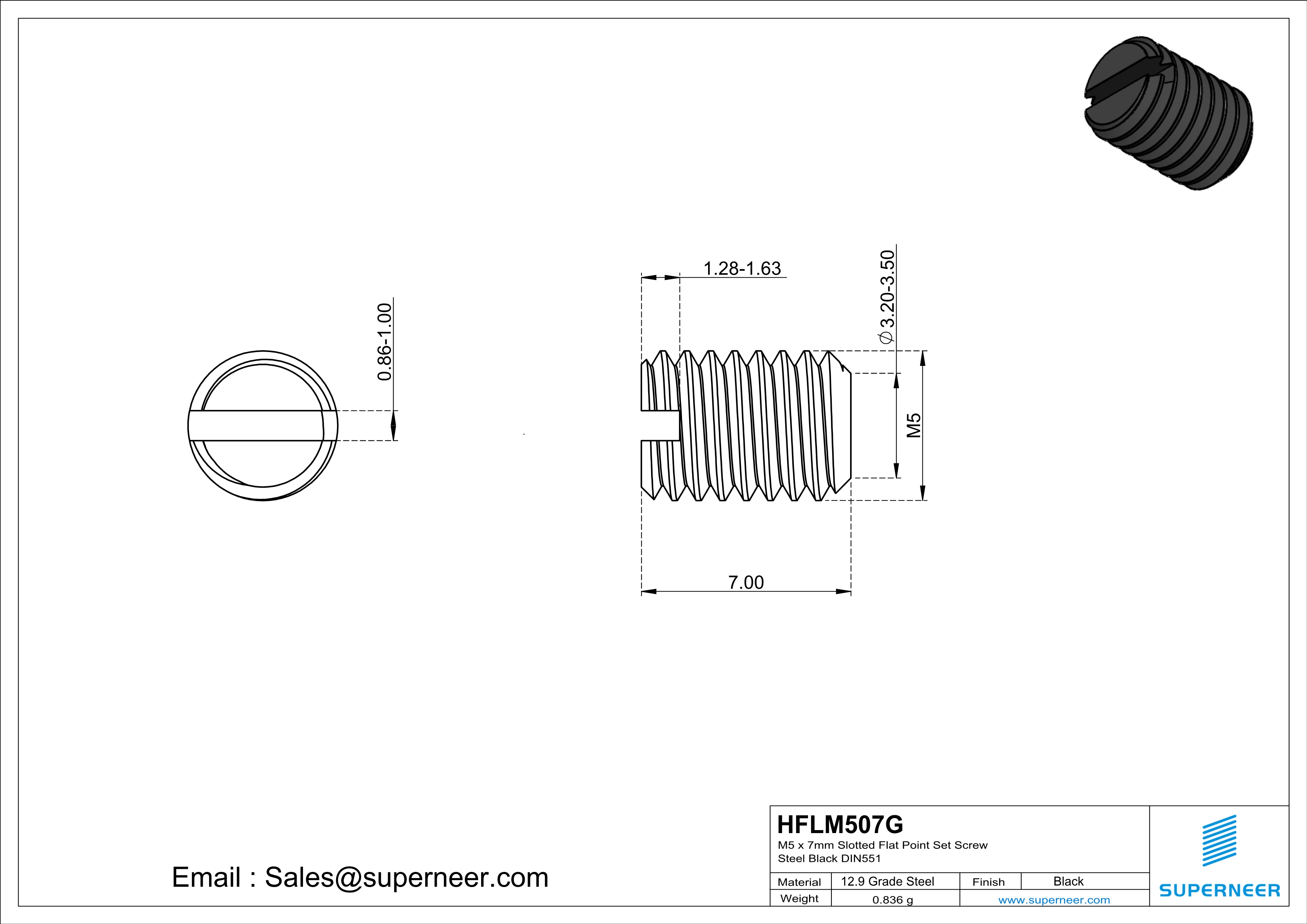 M5 x 7mm Slotted Flat Point Set Screw 12.9 Carbon Steel Black 