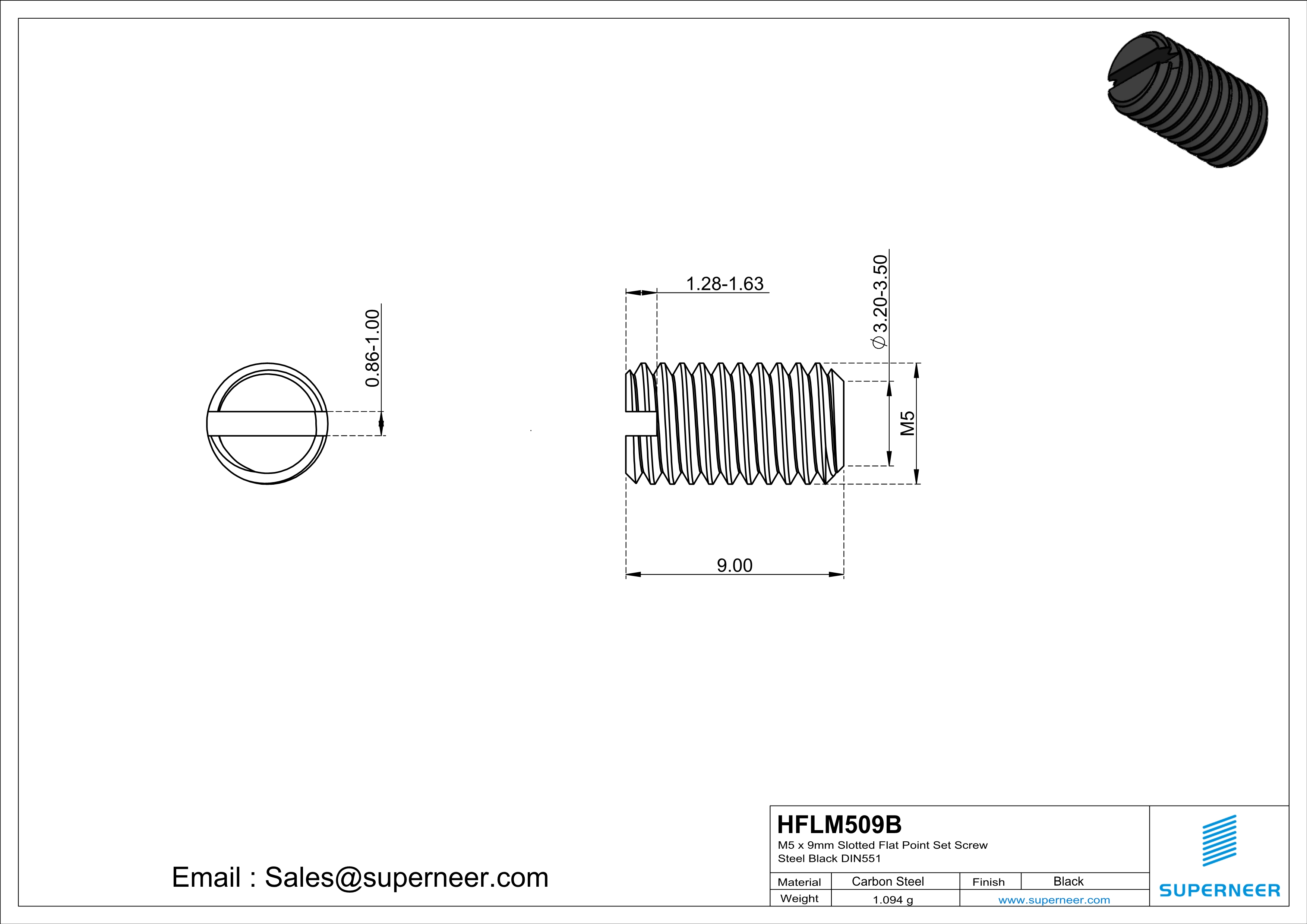 M5 x 9mm Slotted Flat Point Set Screw Steel Black 