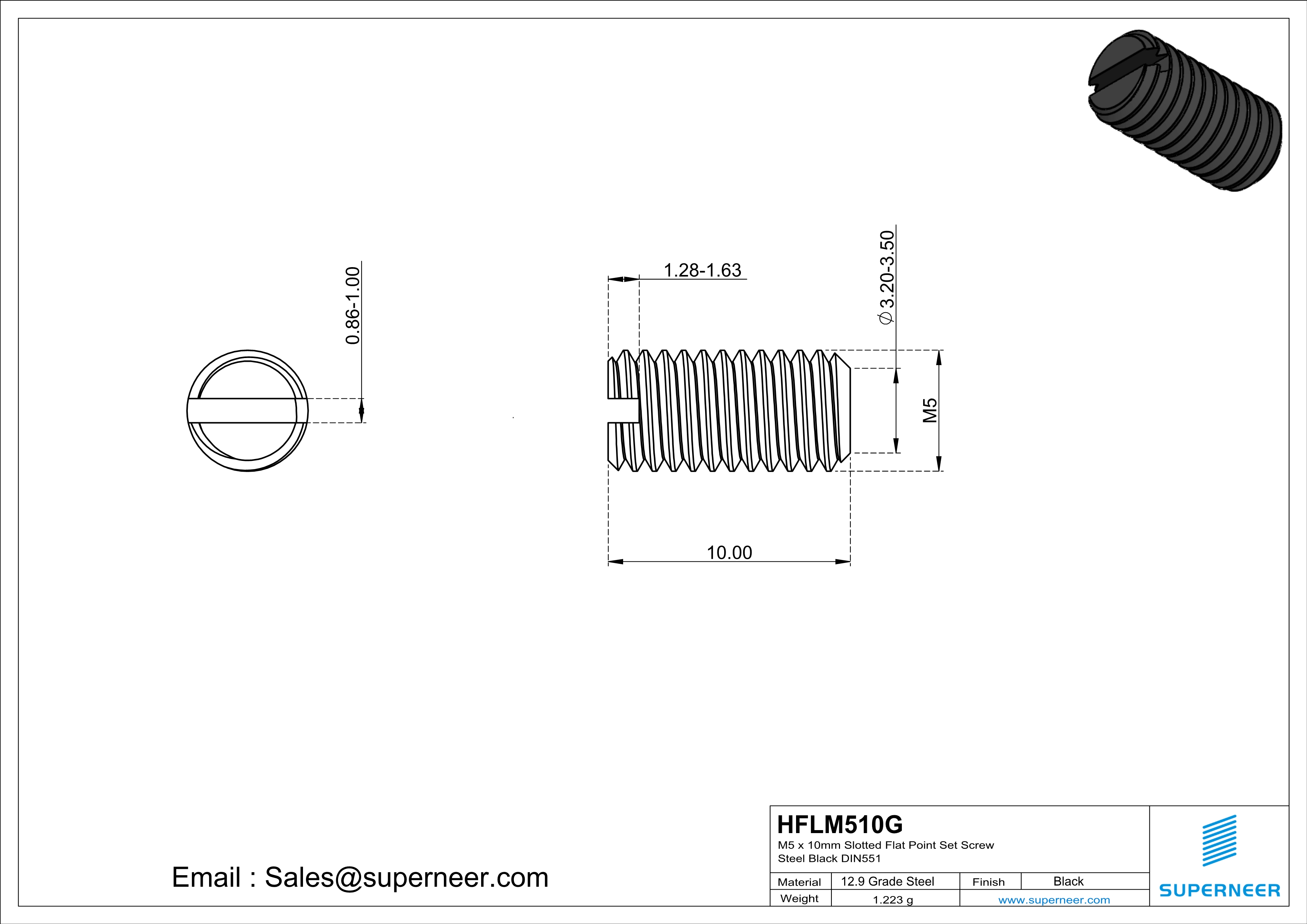 M5 x 10mm Slotted Flat Point Set Screw 12.9 Carbon Steel Black 