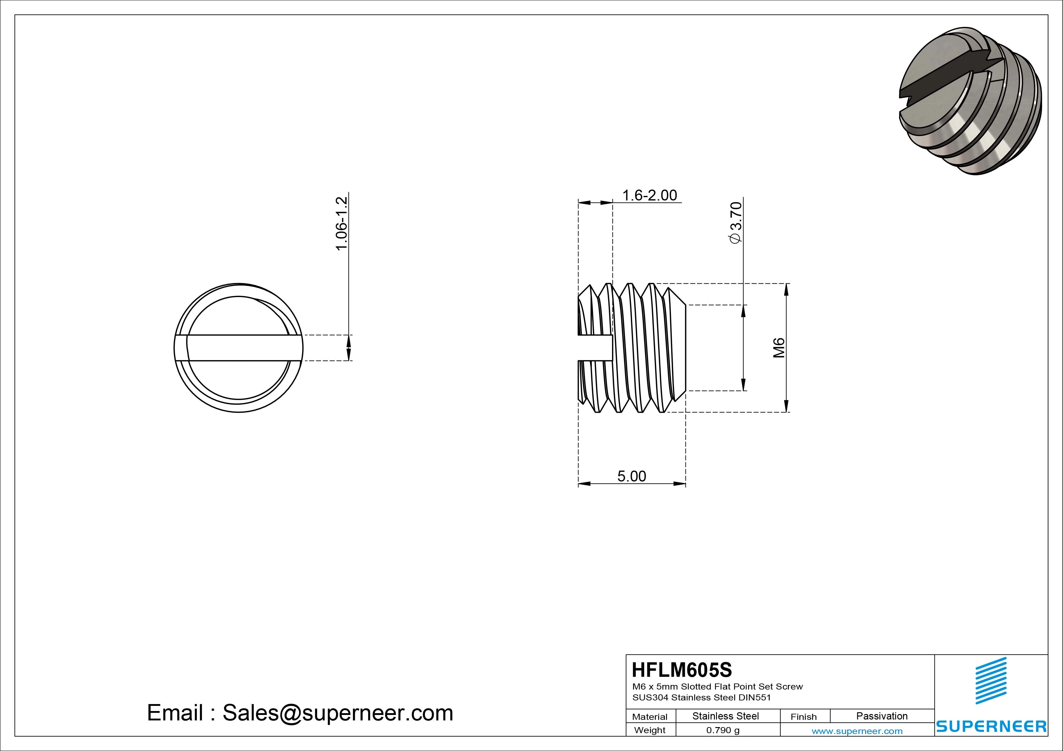 M6 x 5mm Slotted Flat Point Set Screw SUS304 Stainless Steel DIN551