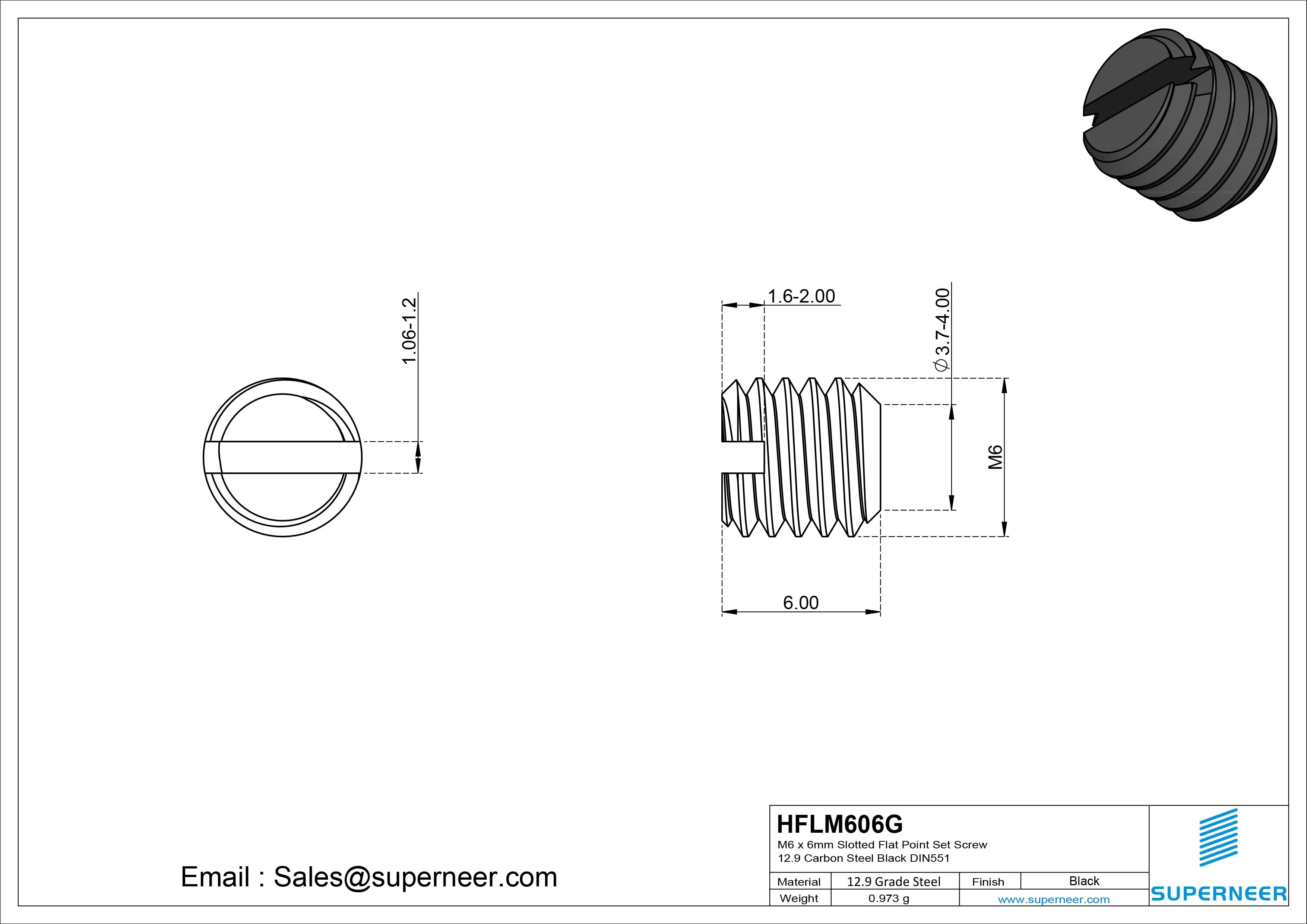M6 x 6mm Slotted Flat Point Set Screw 12.9 Carbon Steel Black DIN551