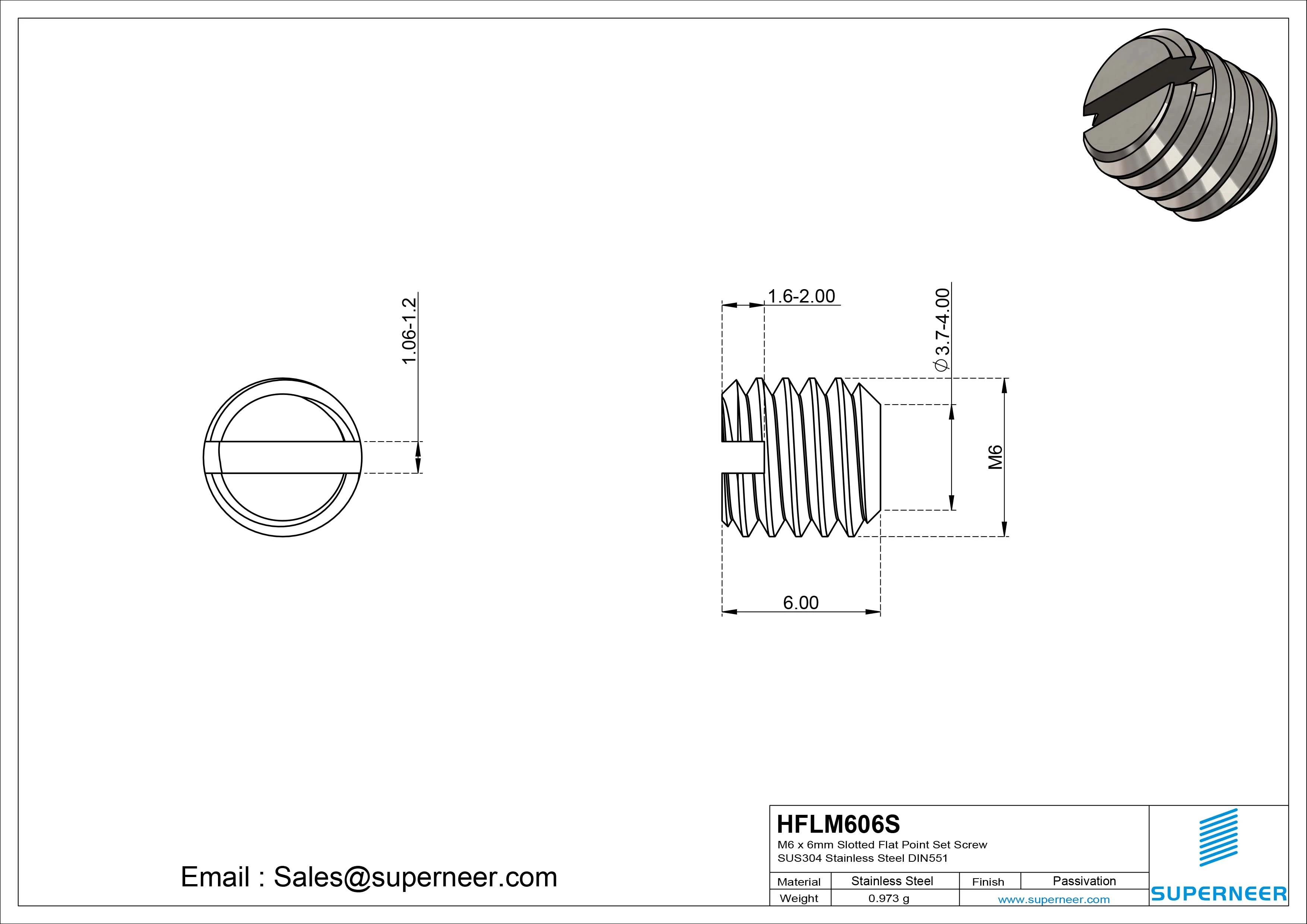 M6 x 6mm Slotted Flat Point Set Screw SUS304 Stainless Steel DIN551