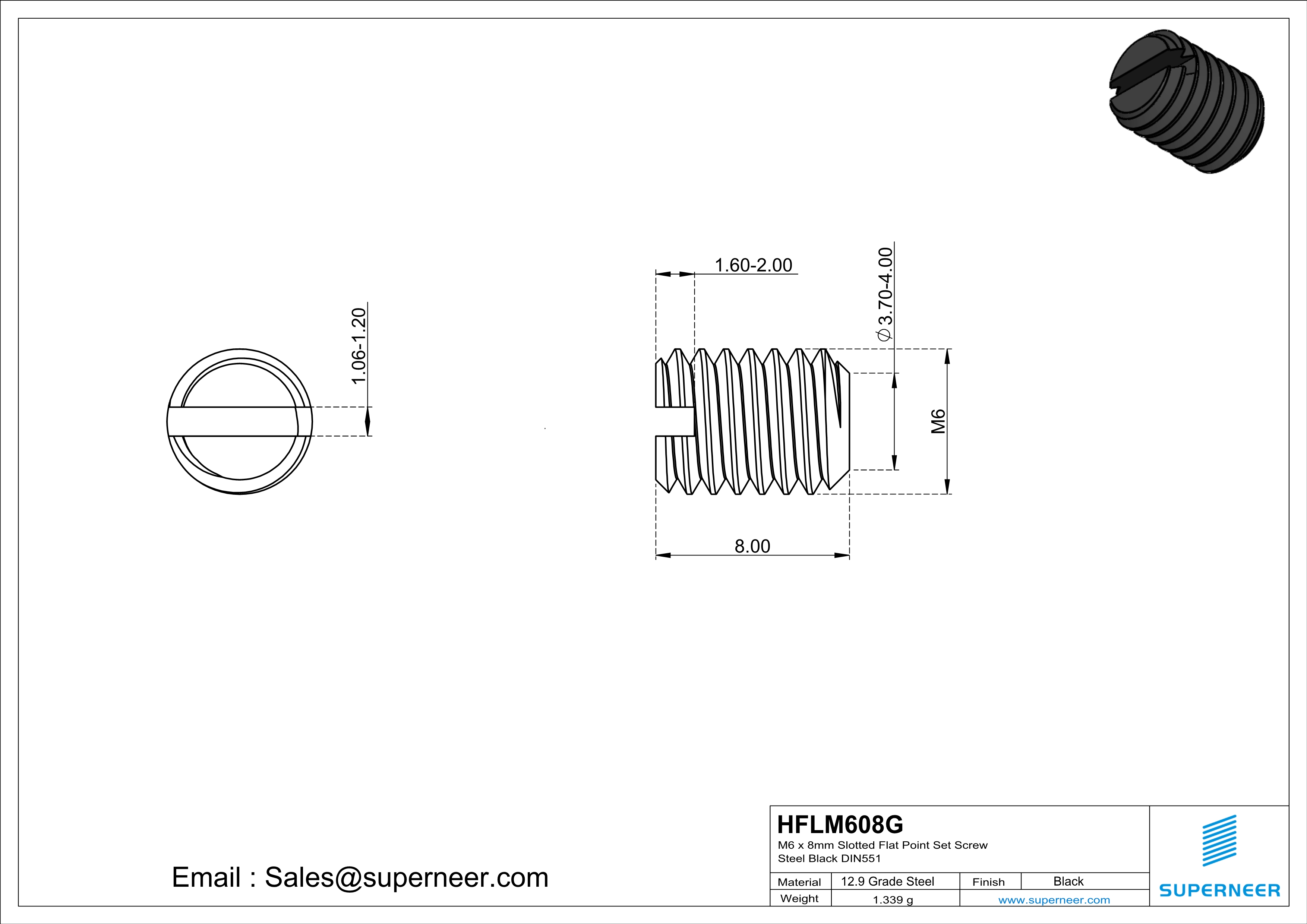 M6 x 8mm Slotted Flat Point Set Screw 12.9 Carbon Steel Black 