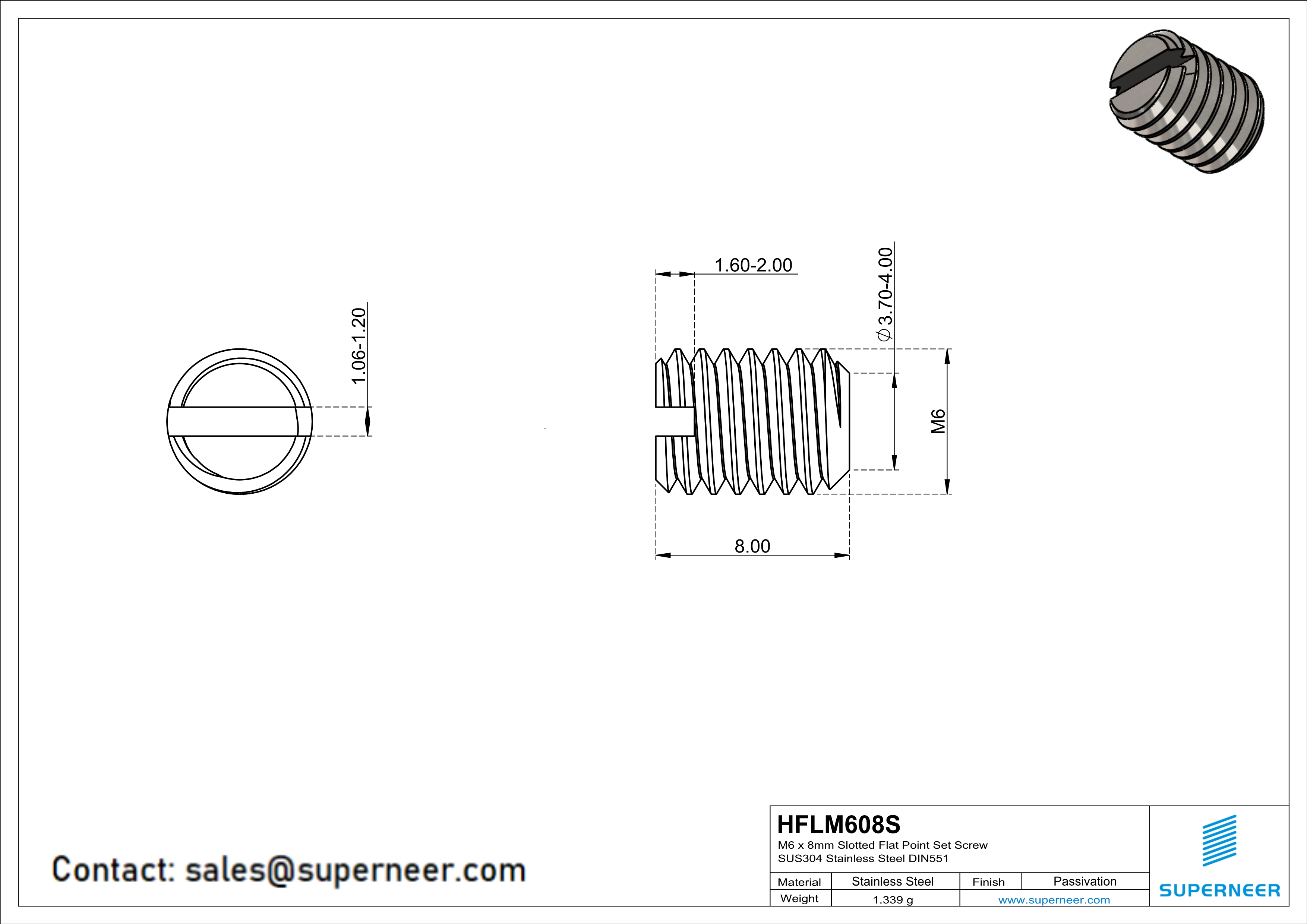 M6 x 8mm Slotted Flat Point Set Screw SUS304 Stainless Steel Inox 