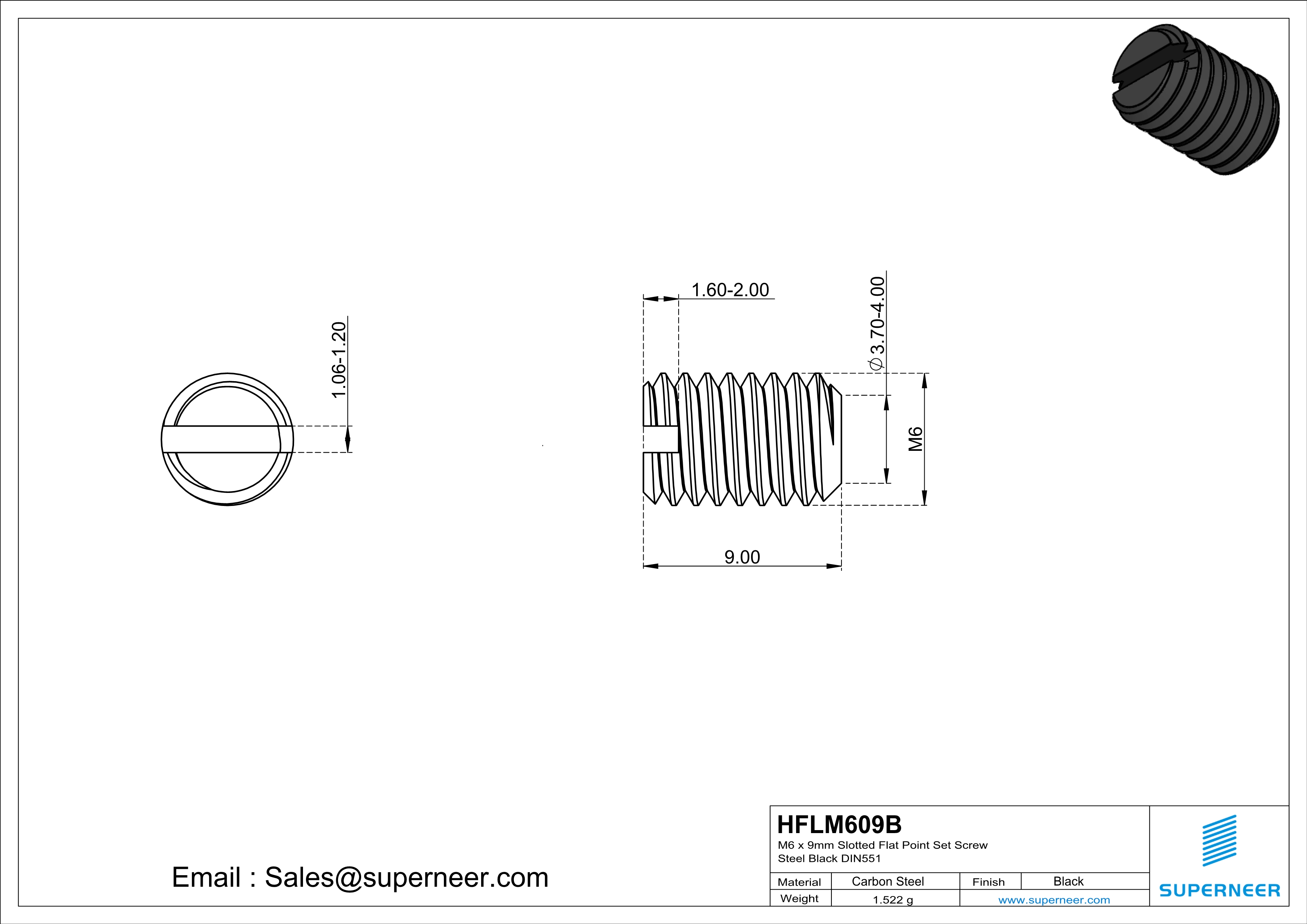 M6 x 9mm Slotted Flat Point Set Screw Steel Black 