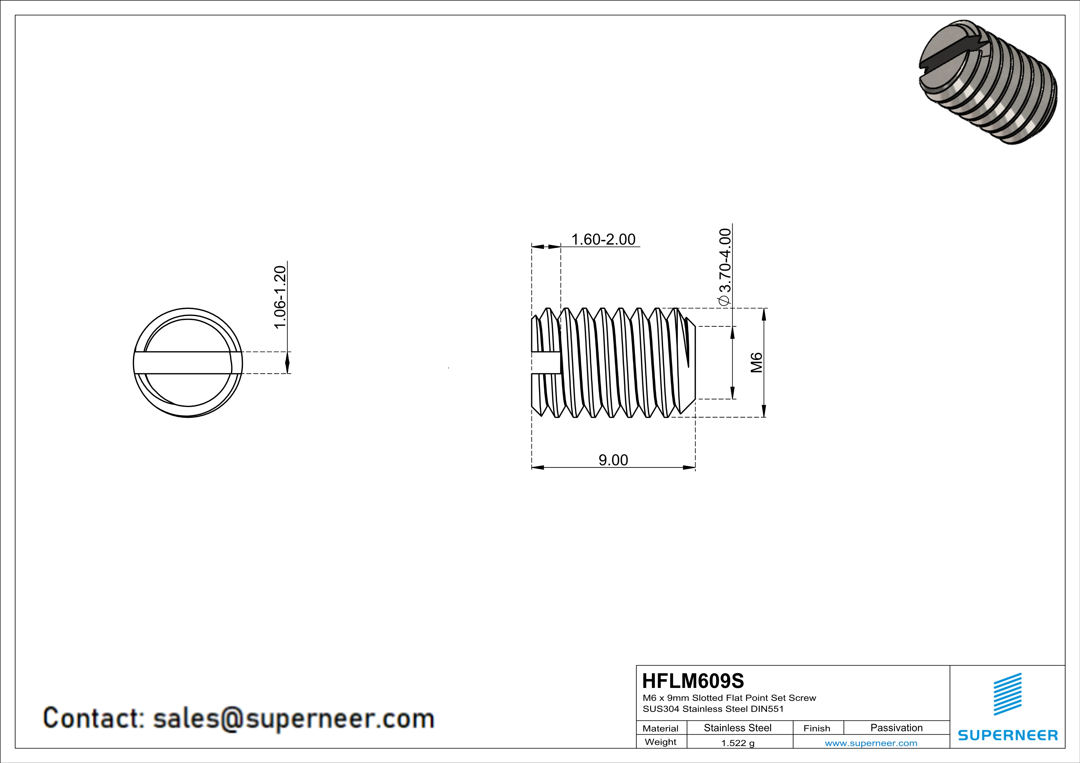 M6 x 9mm Slotted Flat Point Set Screw SUS304 Stainless Steel Inox 
