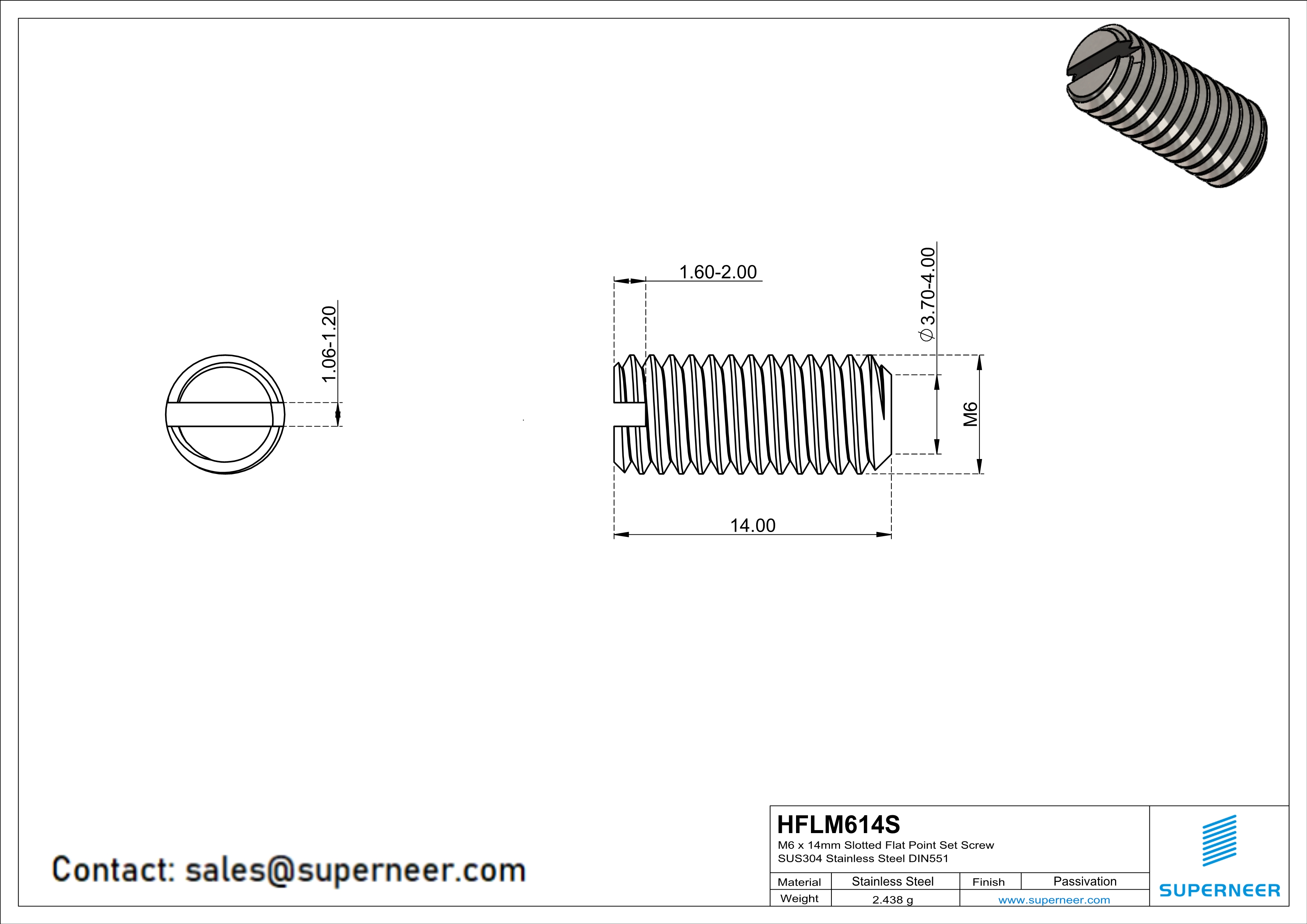 M6 x 14mm Slotted Flat Point Set Screw SUS304 Stainless Steel Inox 