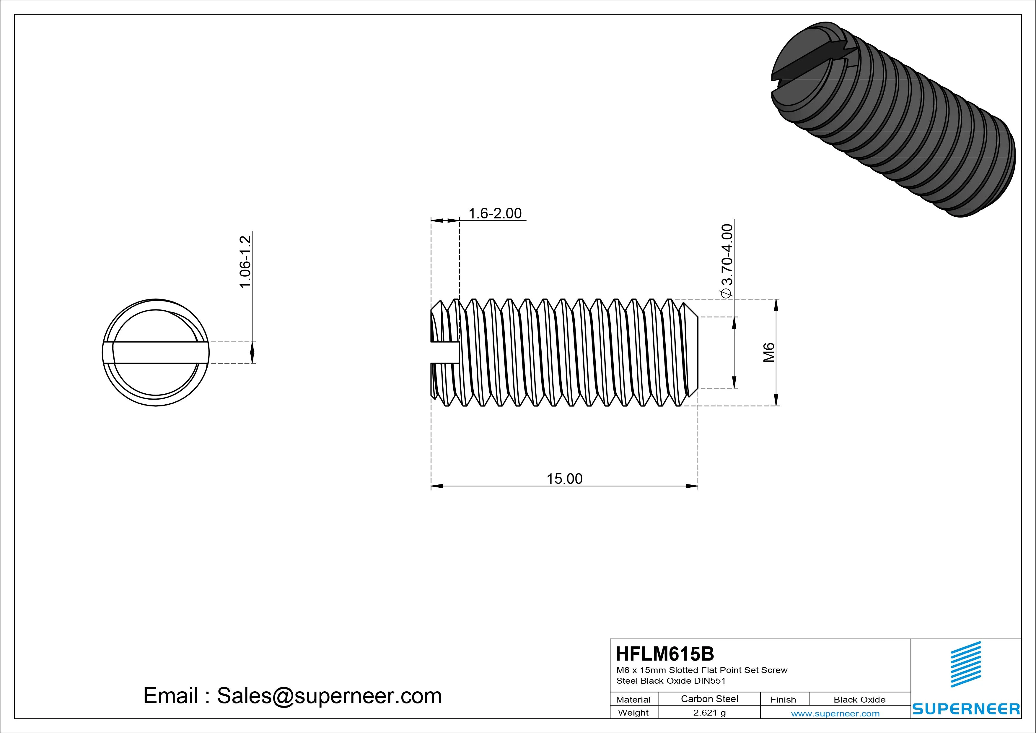 M6 x 15mm Slotted Flat Point Set Screw 12.9 Carbon Steel Black DIN551