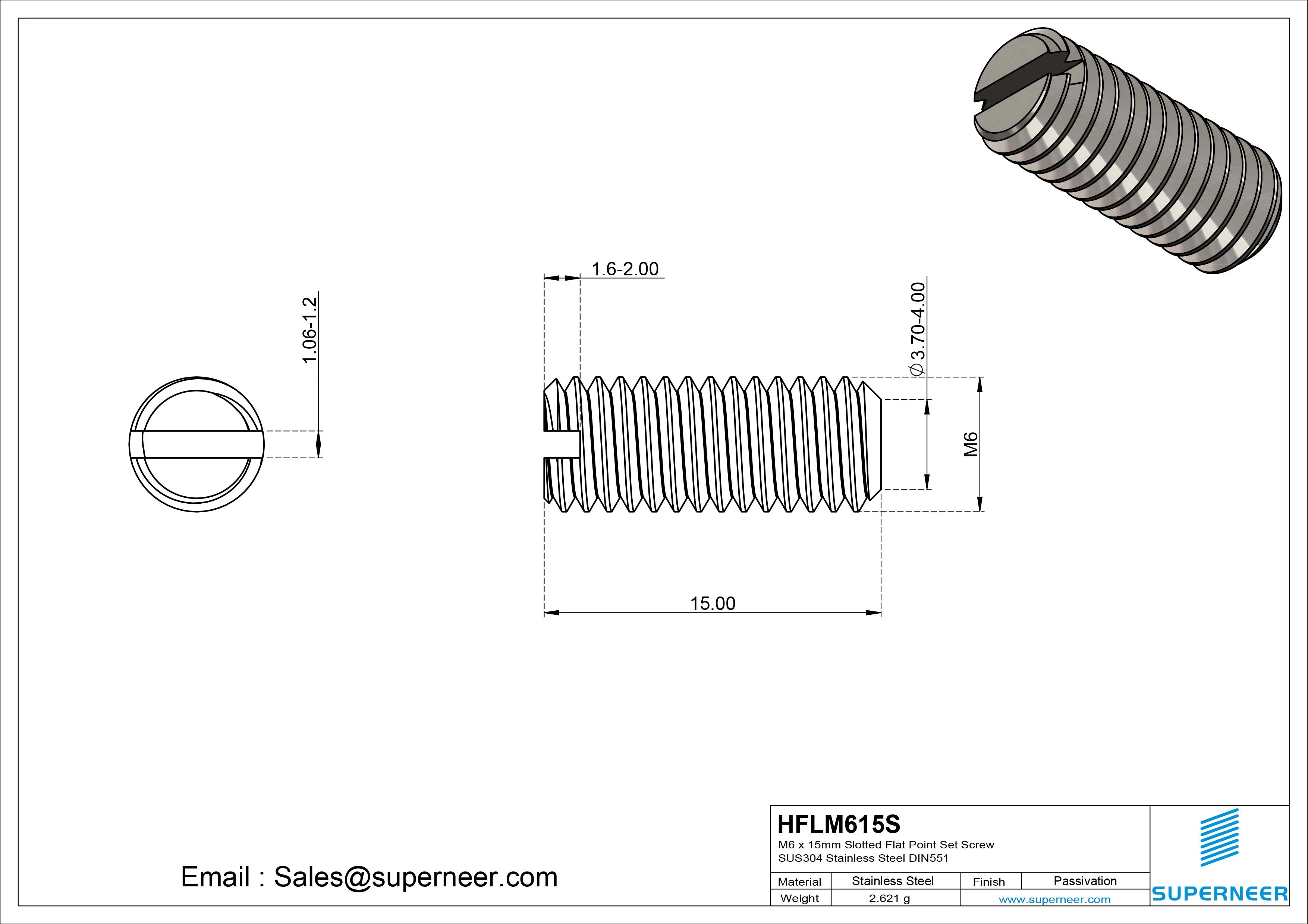 M6 x 15mm Slotted Flat Point Set Screw SUS304 Stainless Steel DIN551